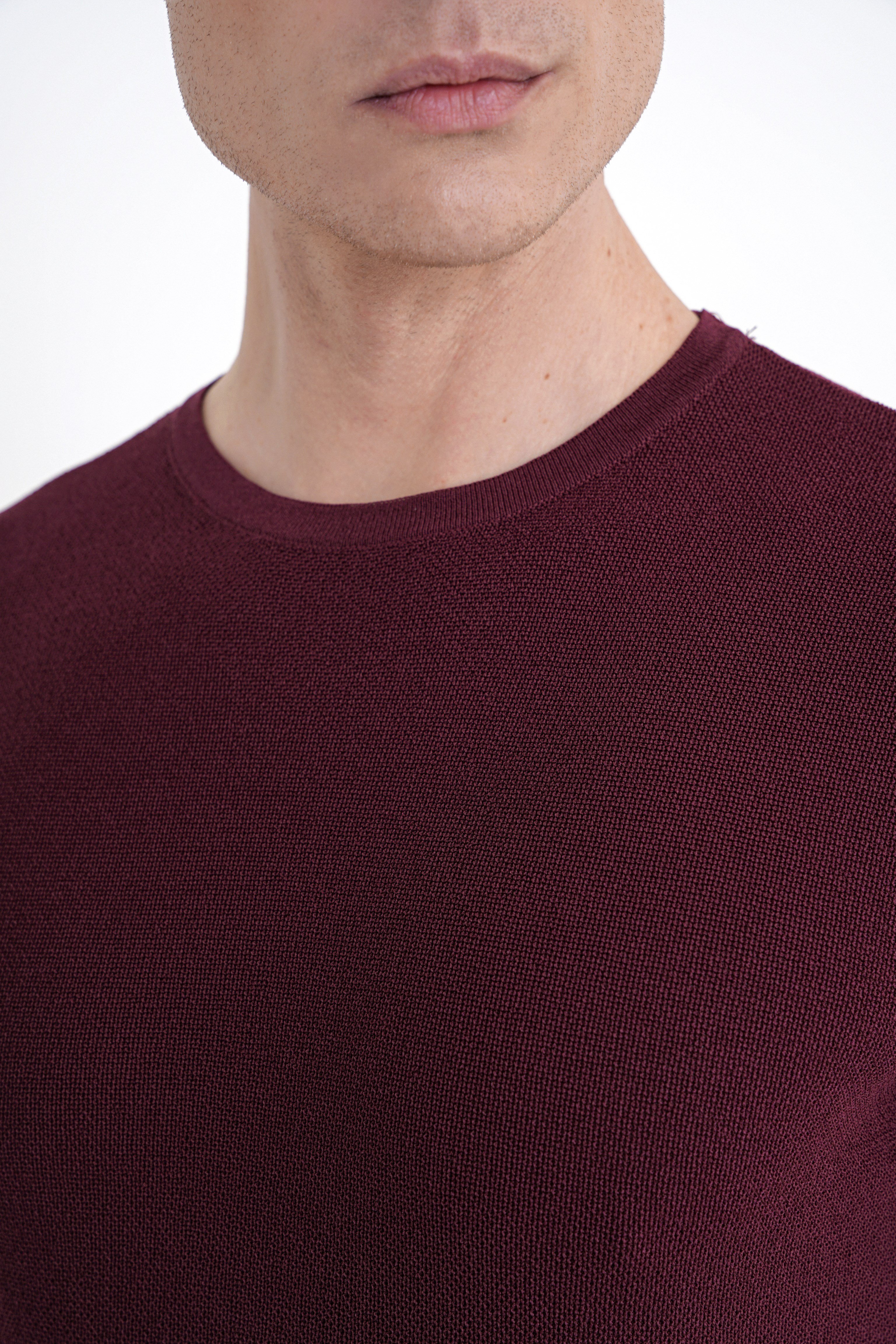 Comfort Fit Rayon Karışımlı Bisiklet Yaka Bordo Triko Tişört TS 925 