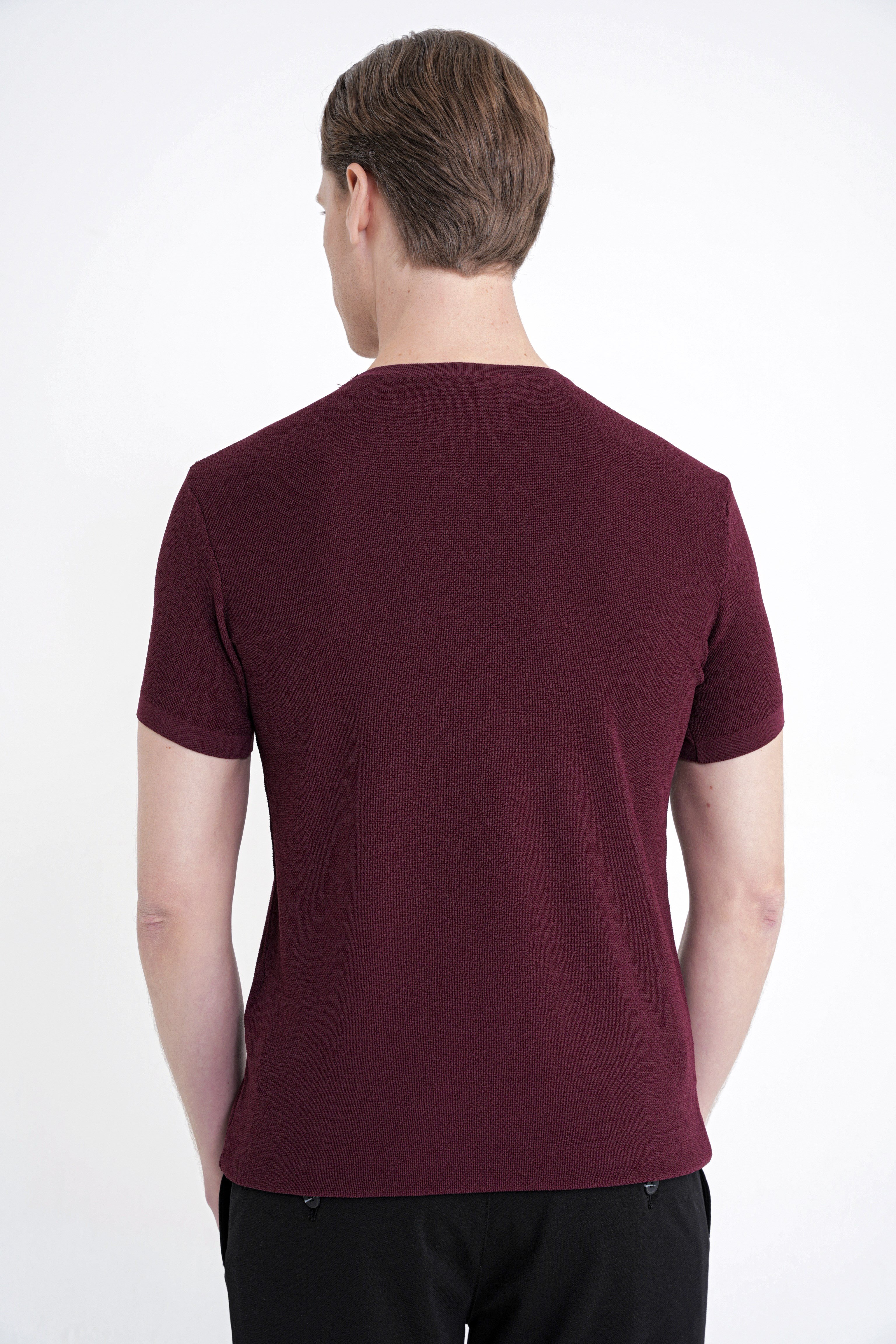 Comfort Fit Rayon Karışımlı Bisiklet Yaka Bordo Triko Tişört TS 925 