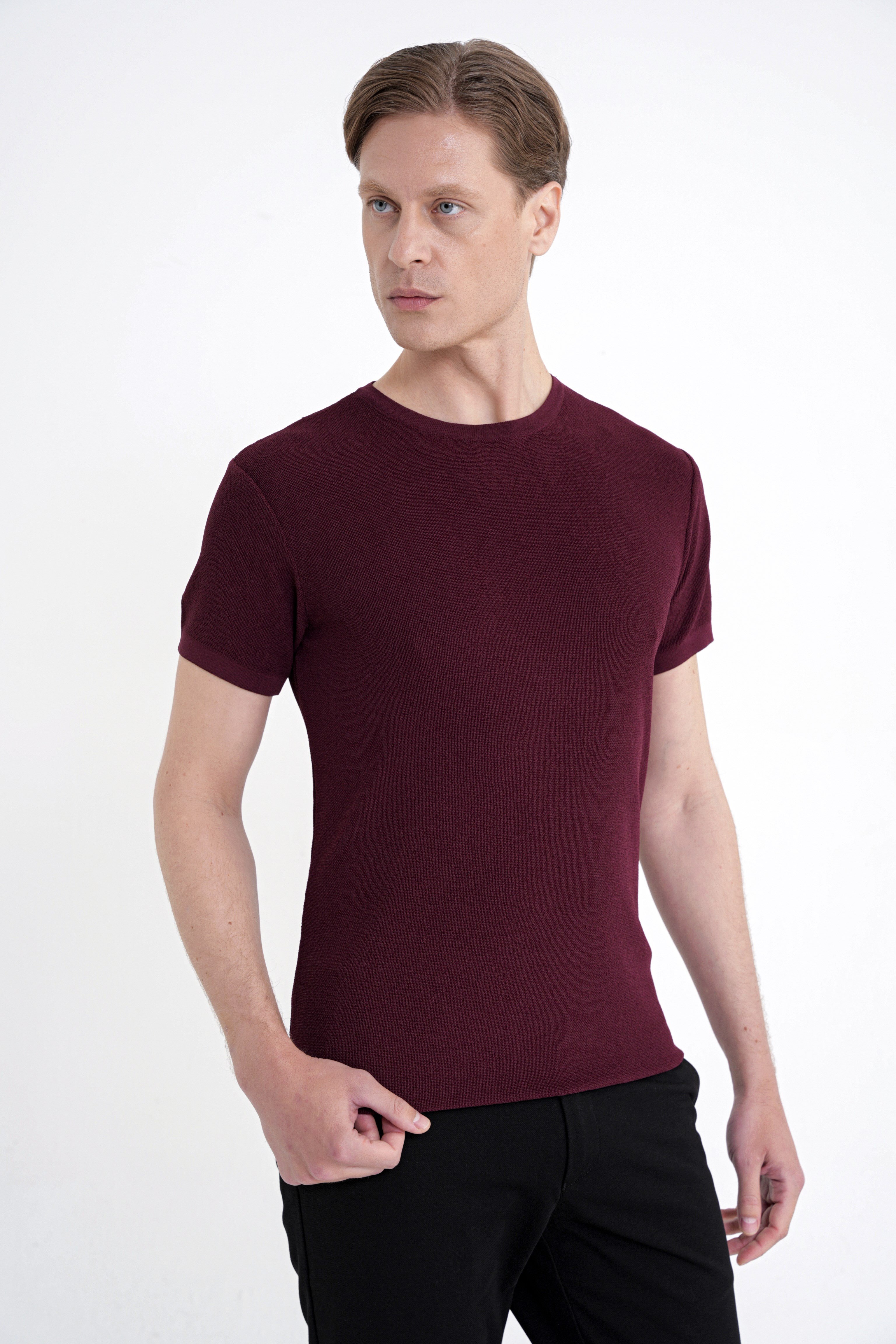 Comfort Fit Rayon Karışımlı Bisiklet Yaka Bordo Triko Tişört TS 925 