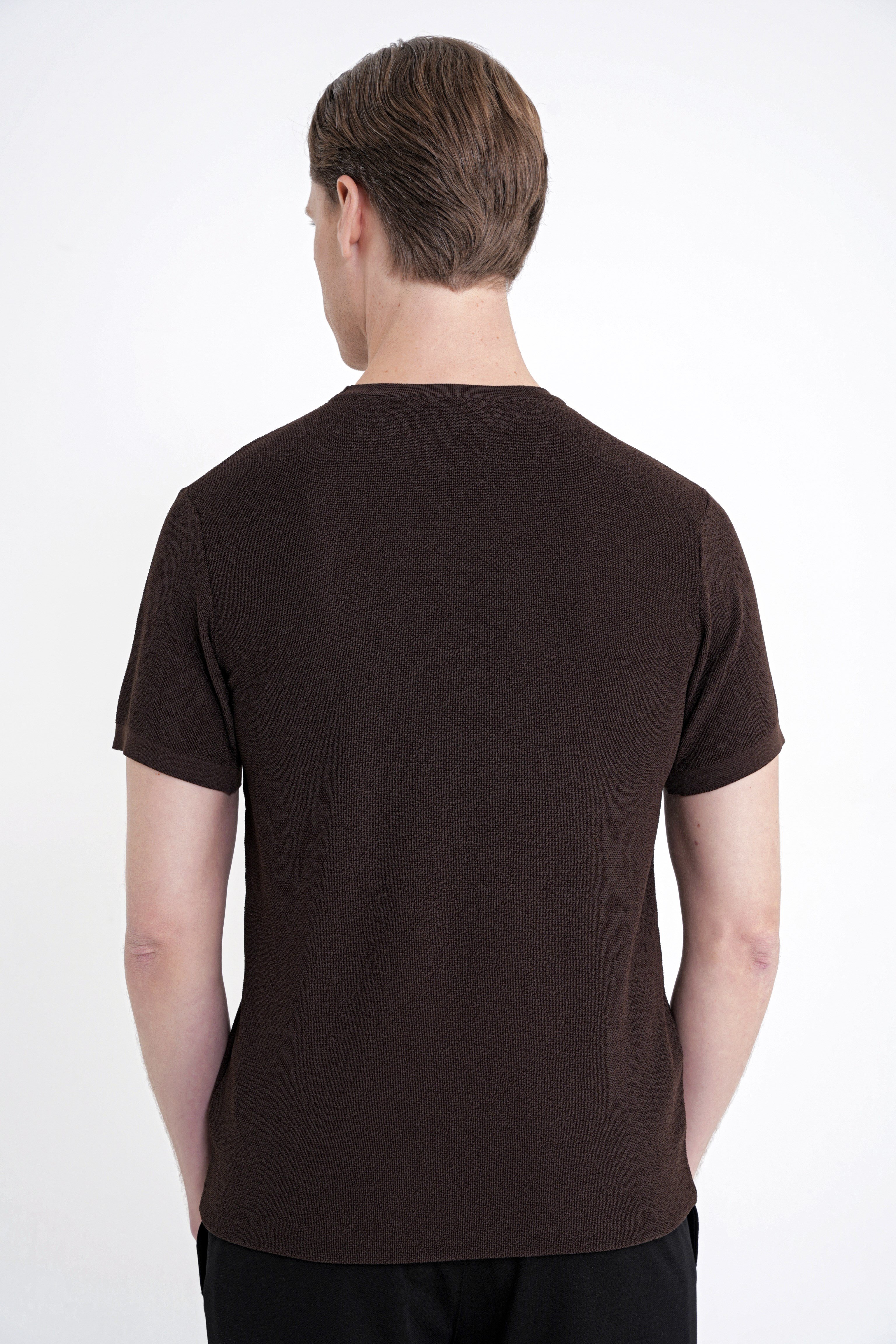 Comfort Fit Rayon Karışımlı Bisiklet Yaka Kahverengi Triko Tişört TS 925 