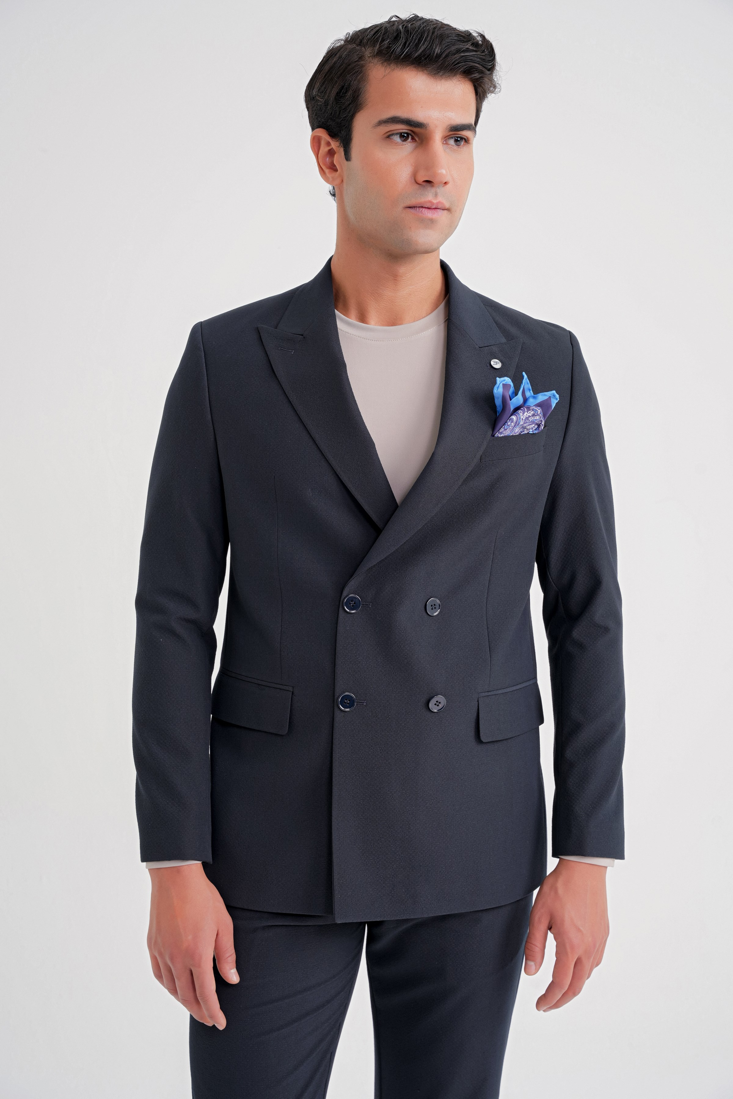 Comfort Fit Sivri Yaka Pamuklu Gofre Kumaş Kruvaze Lacivert Ceket C 719