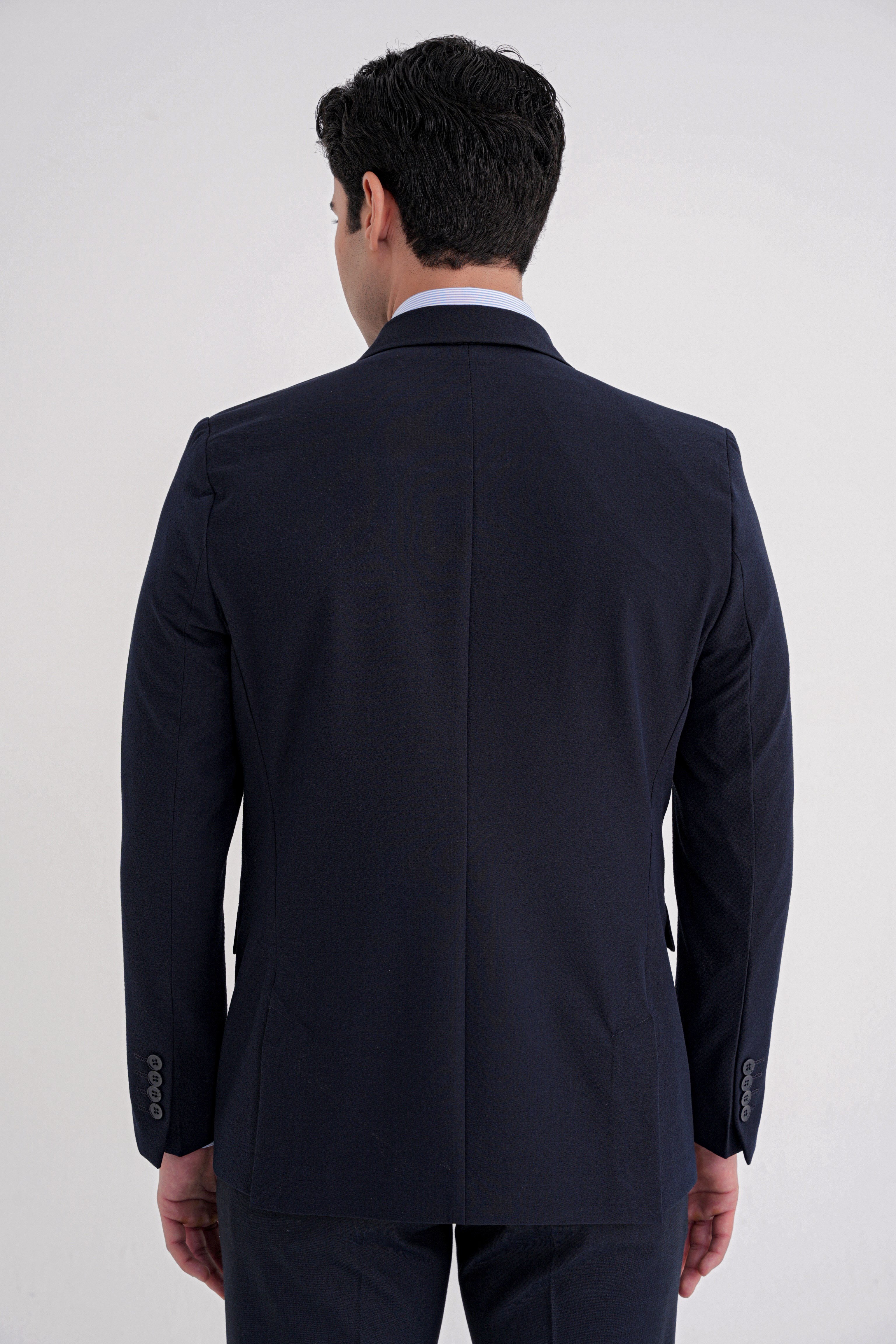 Comfort Fit Sivri Yaka Pamuklu Gofre Kumaş Kruvaze Lacivert-1 Ceket C 719
