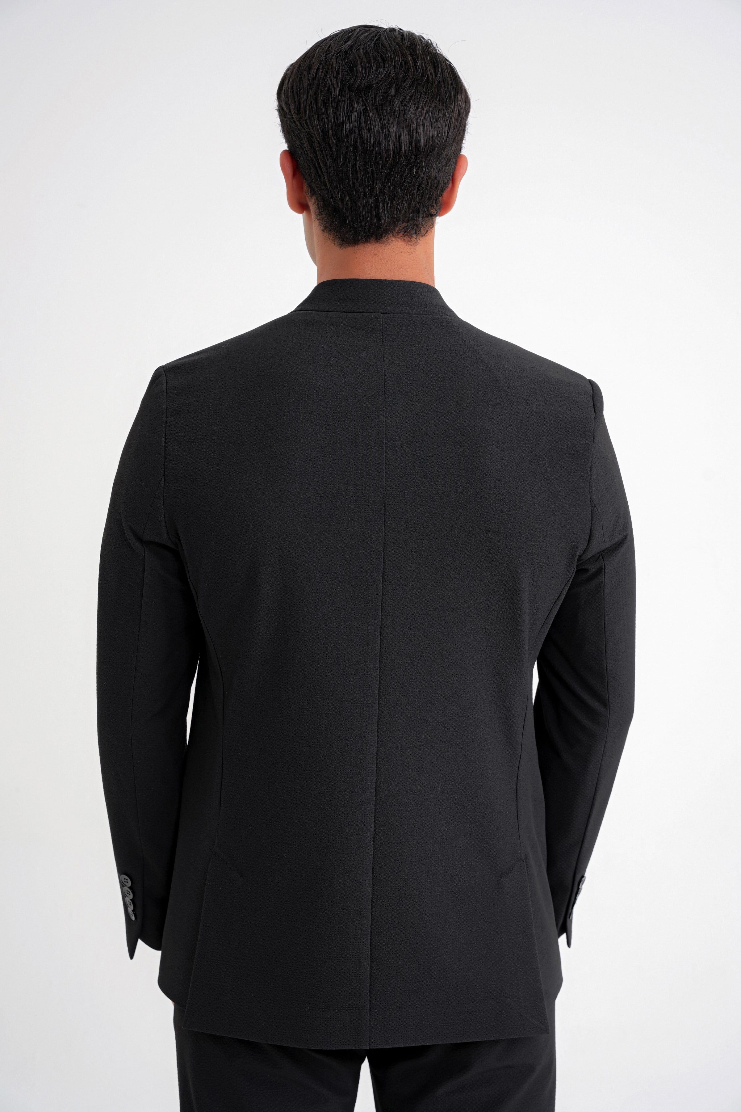 Comfort Fit Sivri Yaka Pamuklu Gofre Kumaş Kruvaze Siyah-1 Ceket C 719