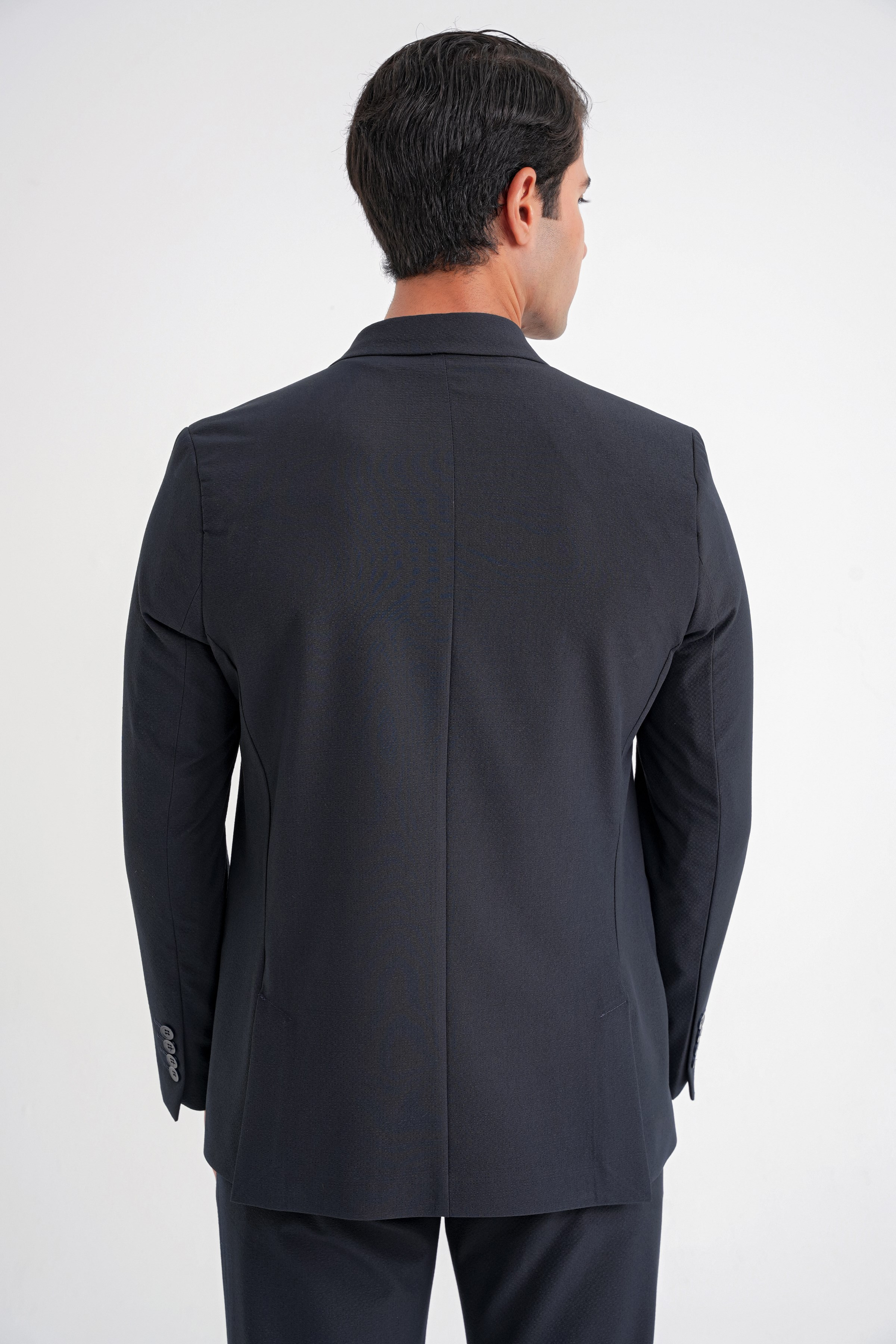 Comfort Fit Sivri Yaka Pamuklu Gofre Kumaş Kruvaze Lacivert Ceket C 719