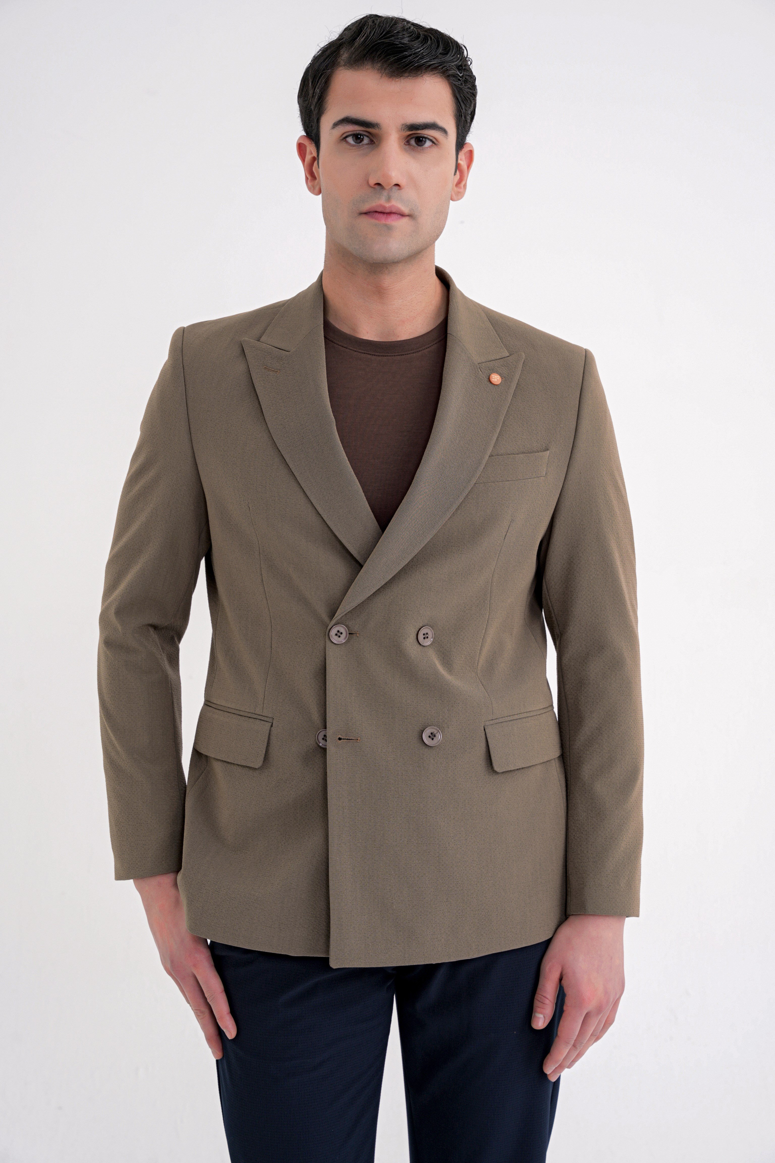 Comfort Fit Sivri Yaka Pamuklu Gofre Kumaş Kruvaze Tütün Ceket C 719