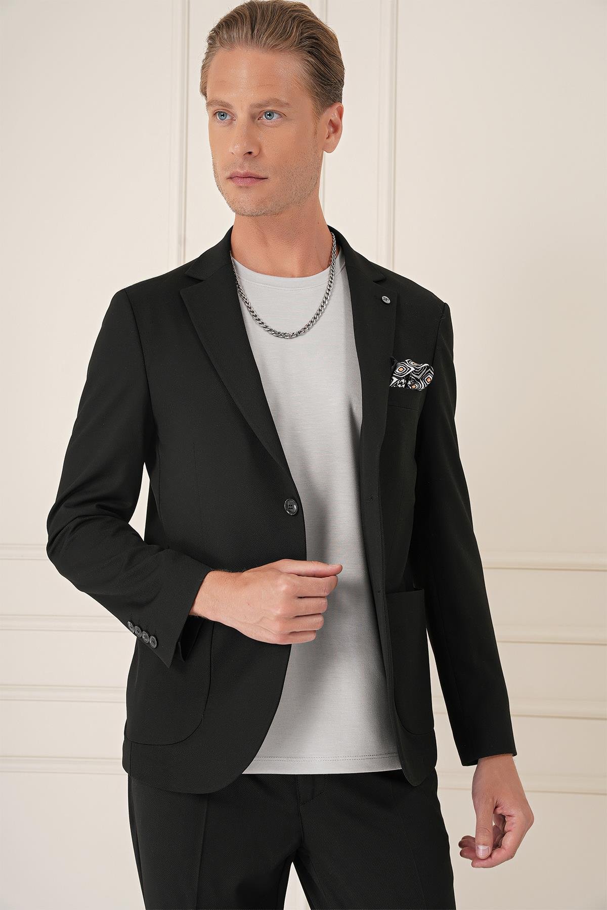 Comfort Fit Torba Cep Dokulu Esnek Pamuk Casual Siyah Ceket C 676