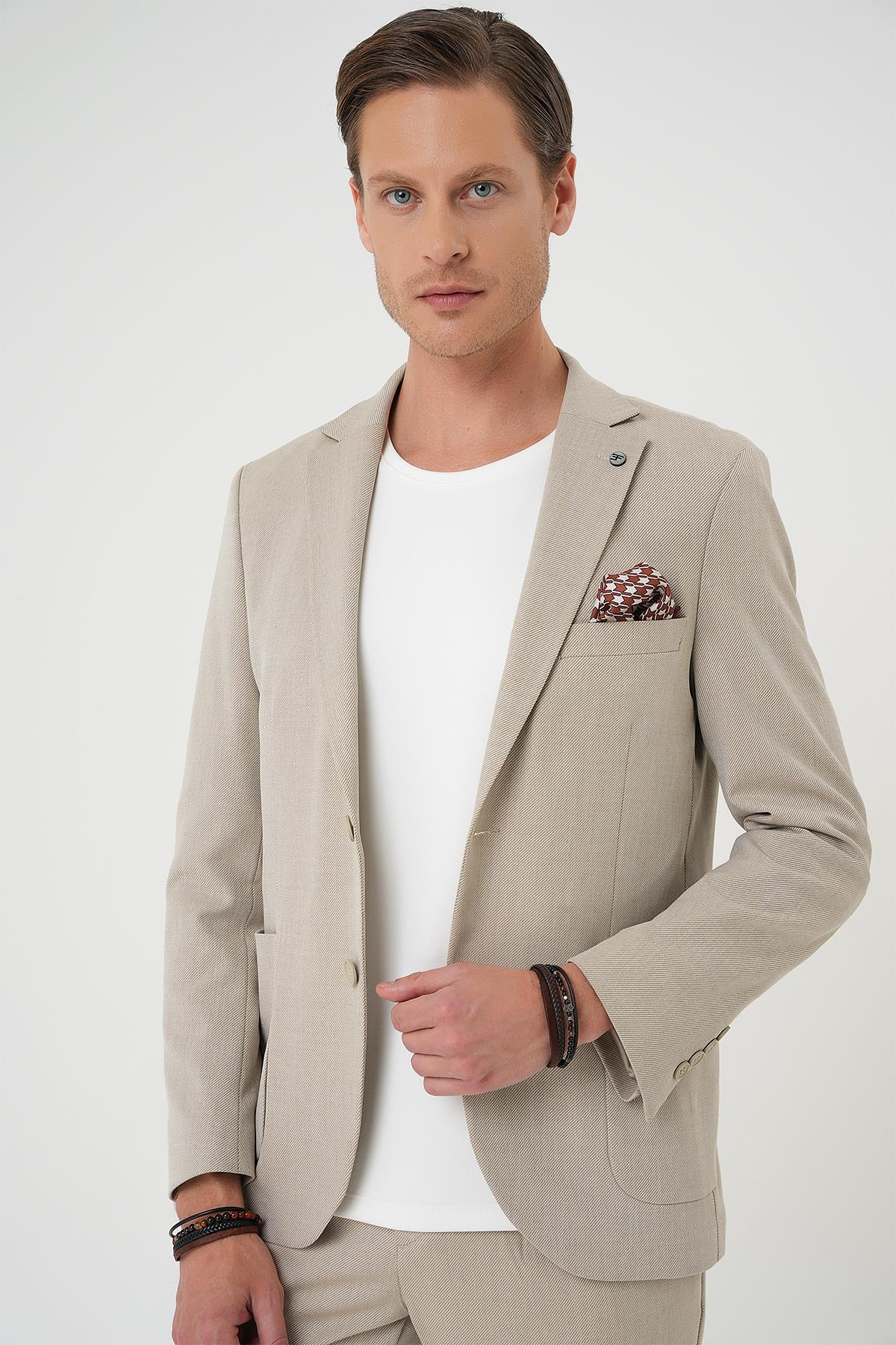 Comfort Fit Torba Cep Dokulu Esnek Pamuk Casual Bej Ceket C 676