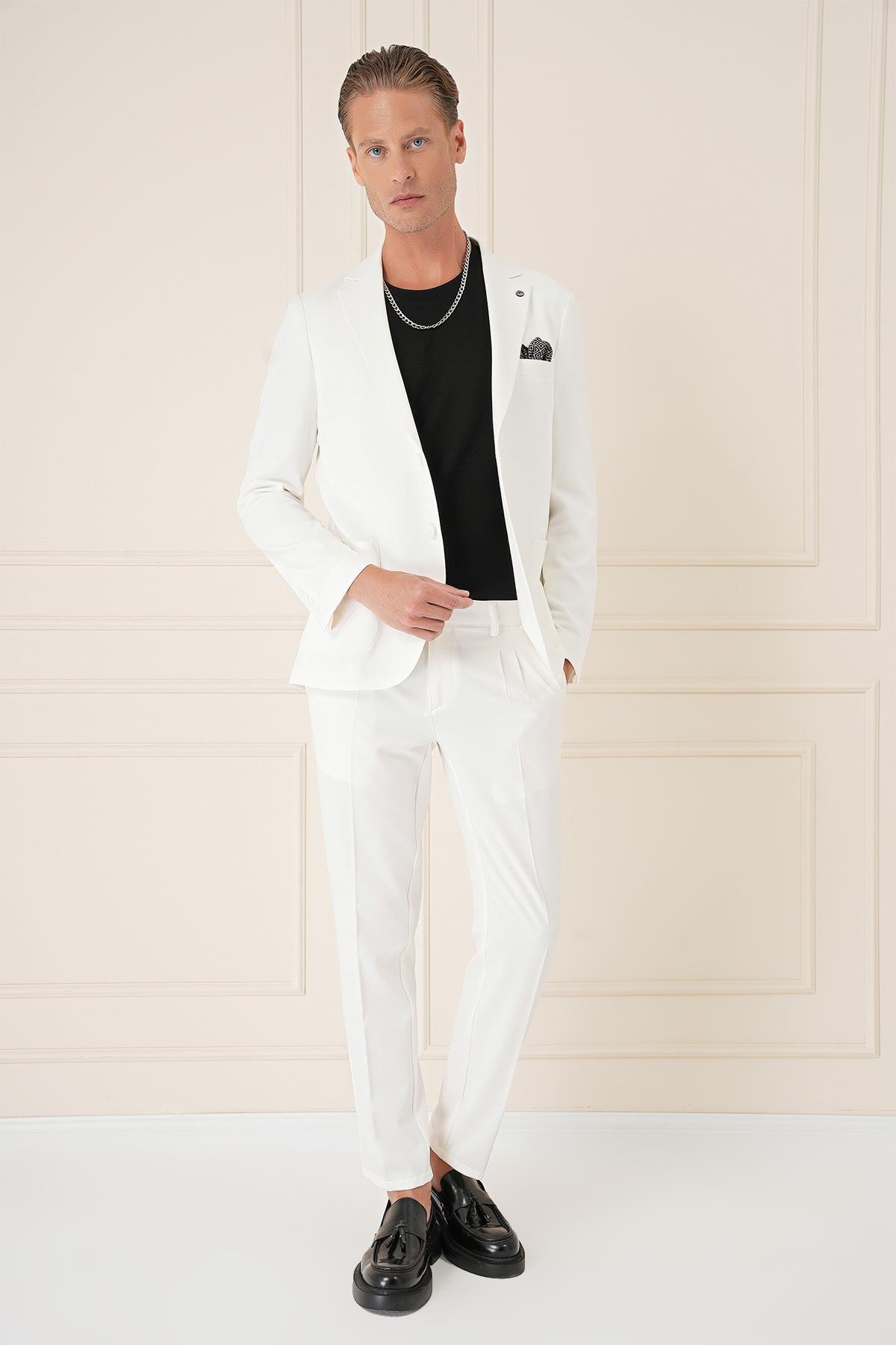 Comfort Fit Torba Cep Dokulu Esnek Pamuk Casual Ekru Ceket C 676