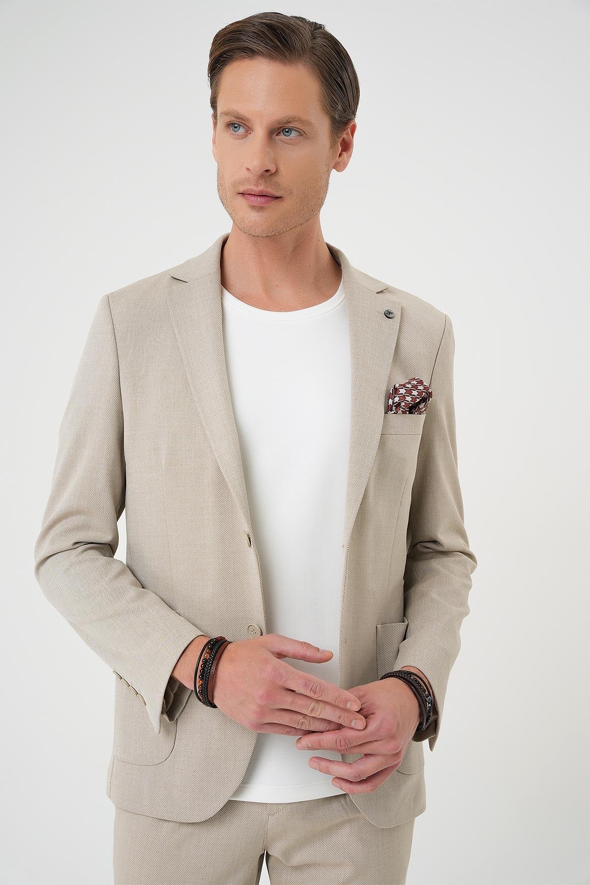 Comfort Fit Torba Cep Dokulu Esnek Pamuk Casual Bej Ceket C 676