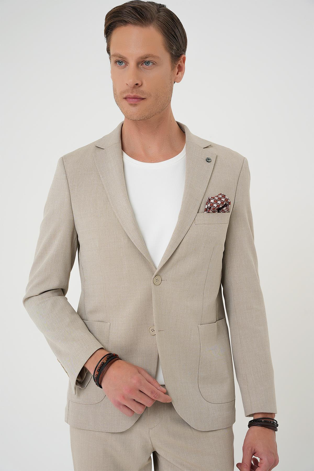 Comfort Fit Torba Cep Dokulu Esnek Pamuk Casual Bej Ceket C 676