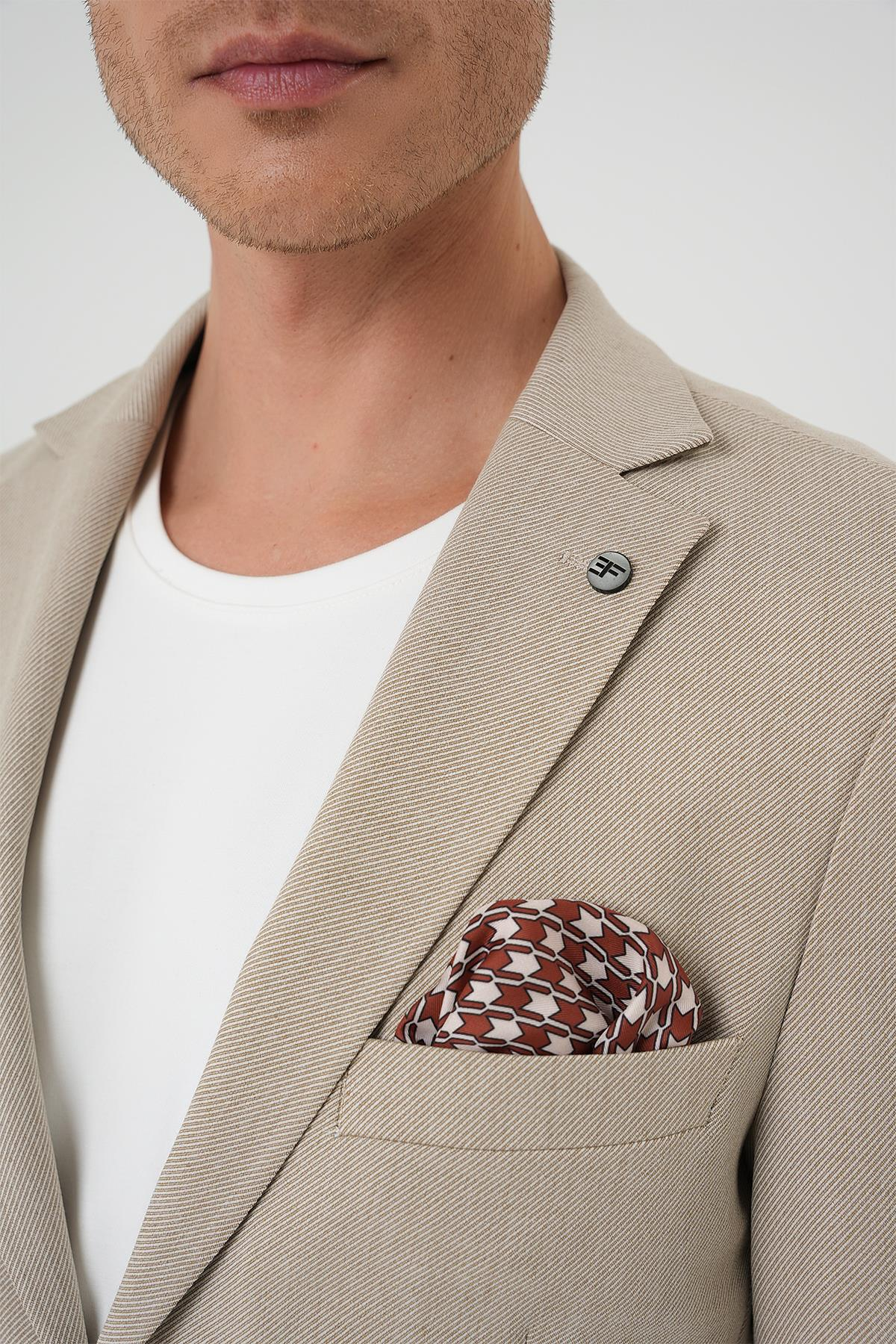 Comfort Fit Torba Cep Dokulu Esnek Pamuk Casual Bej Ceket C 676