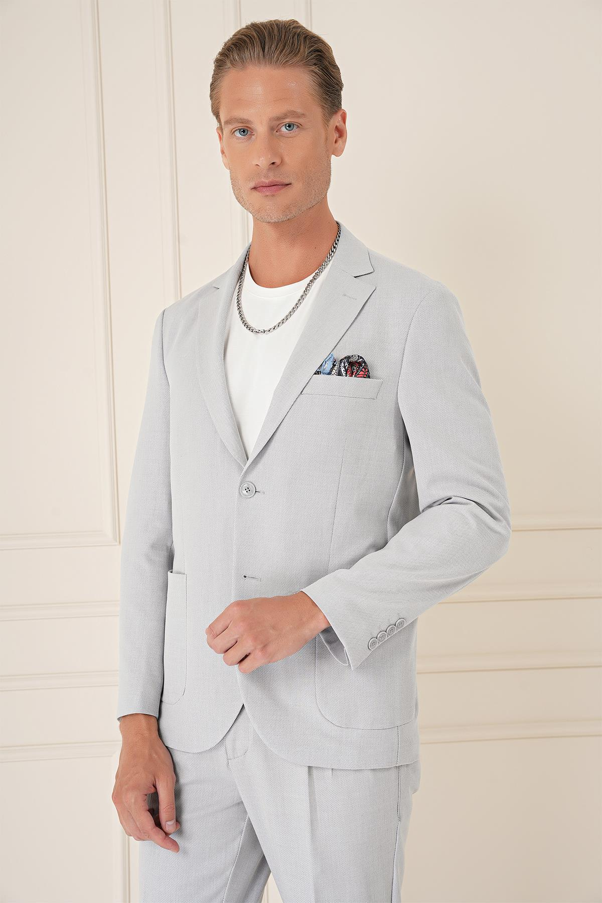 Comfort Fit Torba Cep Dokulu Esnek Pamuk Casual Gri Mavi Ceket C 676