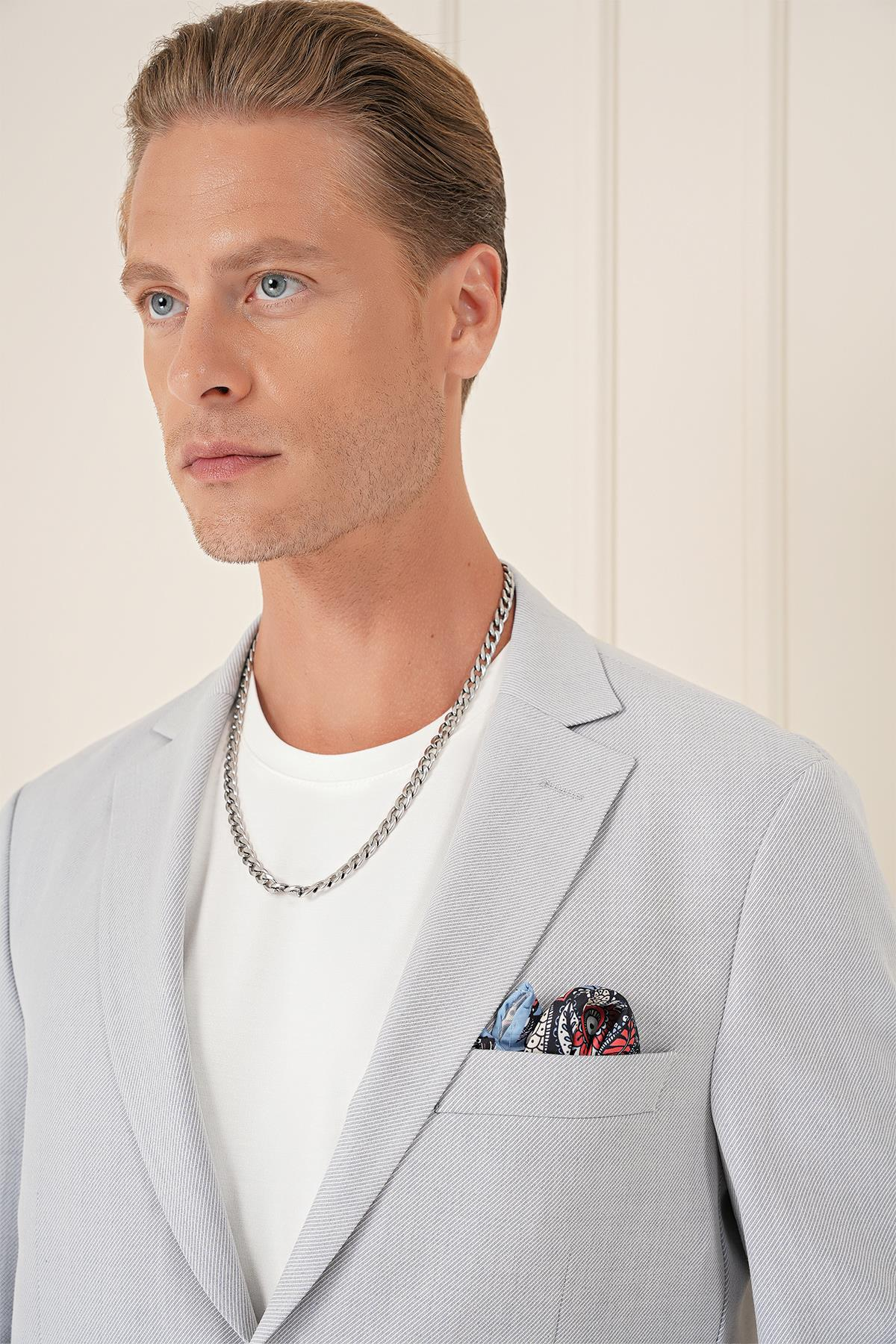 Comfort Fit Torba Cep Dokulu Esnek Pamuk Casual Gri Mavi Ceket C 676