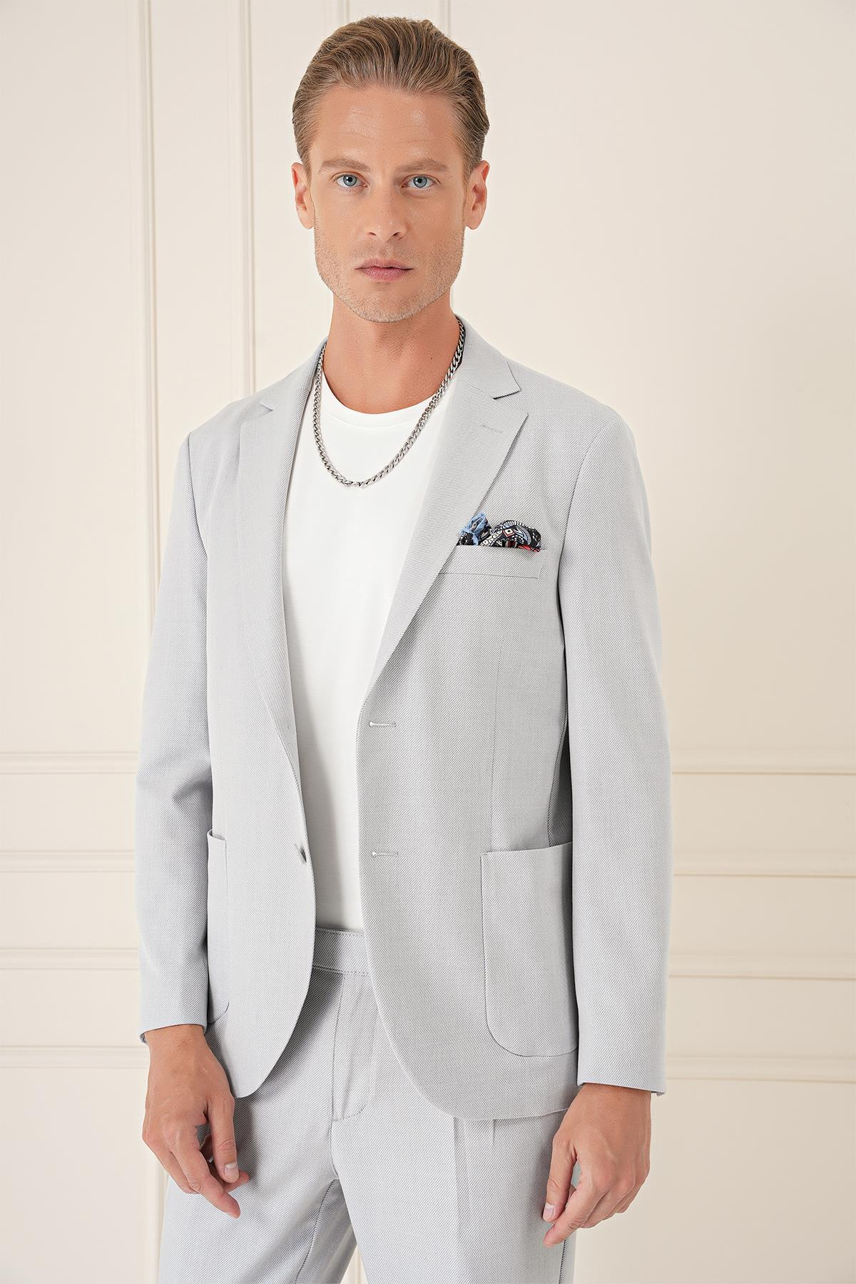 Comfort Fit Torba Cep Dokulu Esnek Pamuk Casual Gri Mavi Ceket C 676