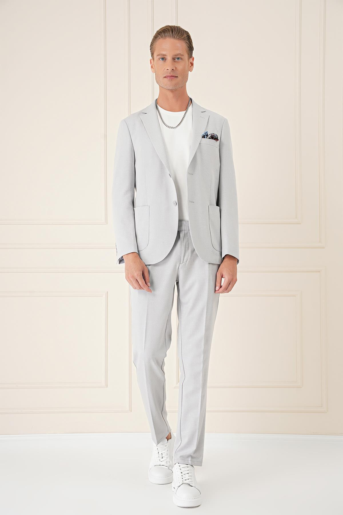 Comfort Fit Torba Cep Dokulu Esnek Pamuk Casual Gri Mavi Ceket C 676