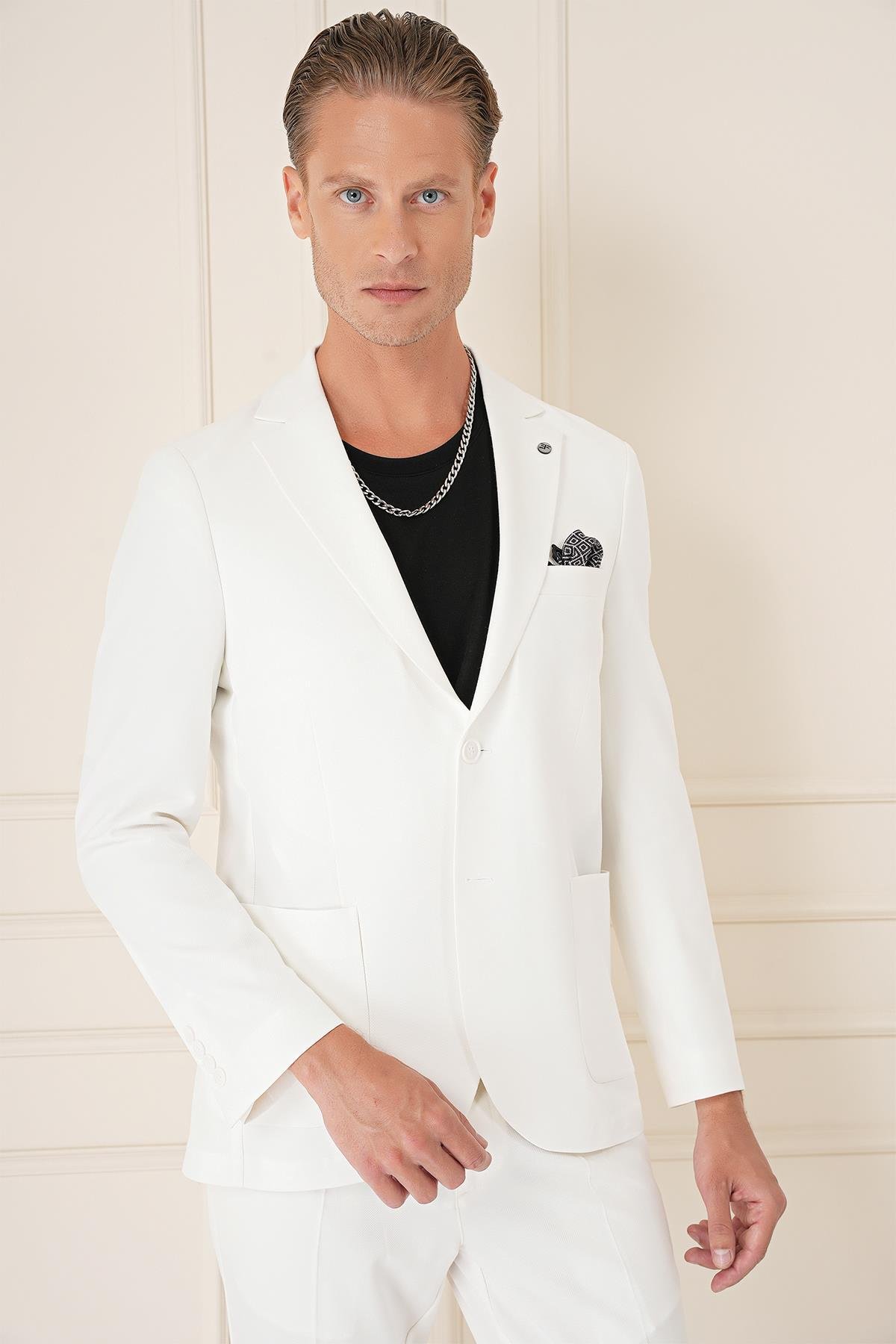 Comfort Fit Torba Cep Dokulu Esnek Pamuk Casual Ekru Ceket C 676