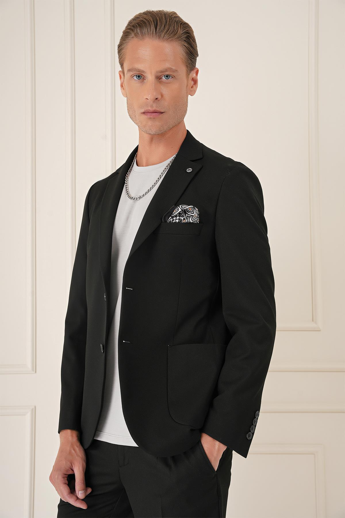 Comfort Fit Torba Cep Dokulu Esnek Pamuk Casual Siyah Ceket C 676