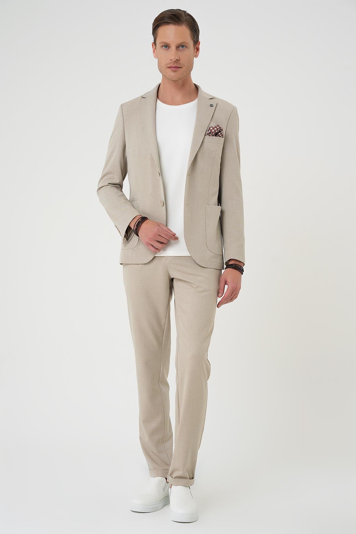 Comfort Fit Torba Cep Dokulu Esnek Pamuk Casual Bej Ceket C 676