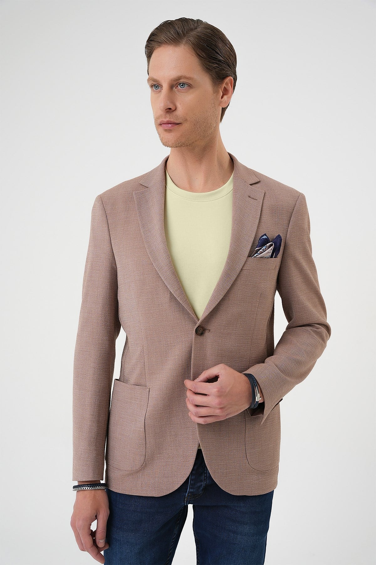 Comfort Fit Torba Cep Gofre Kumaş Bej Blazer Ceket C 679
