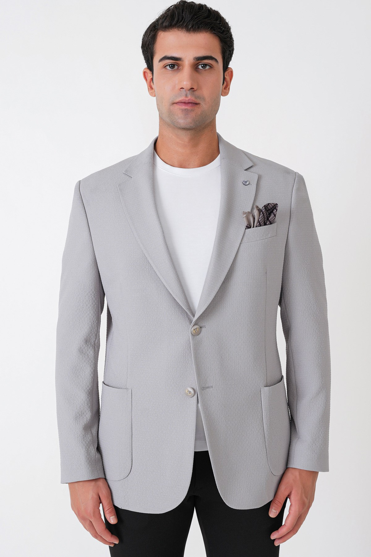Comfort Fit Torba Cep Gofre Kumaş Esnek Pamuklu Gri Blazer Ceket C 739