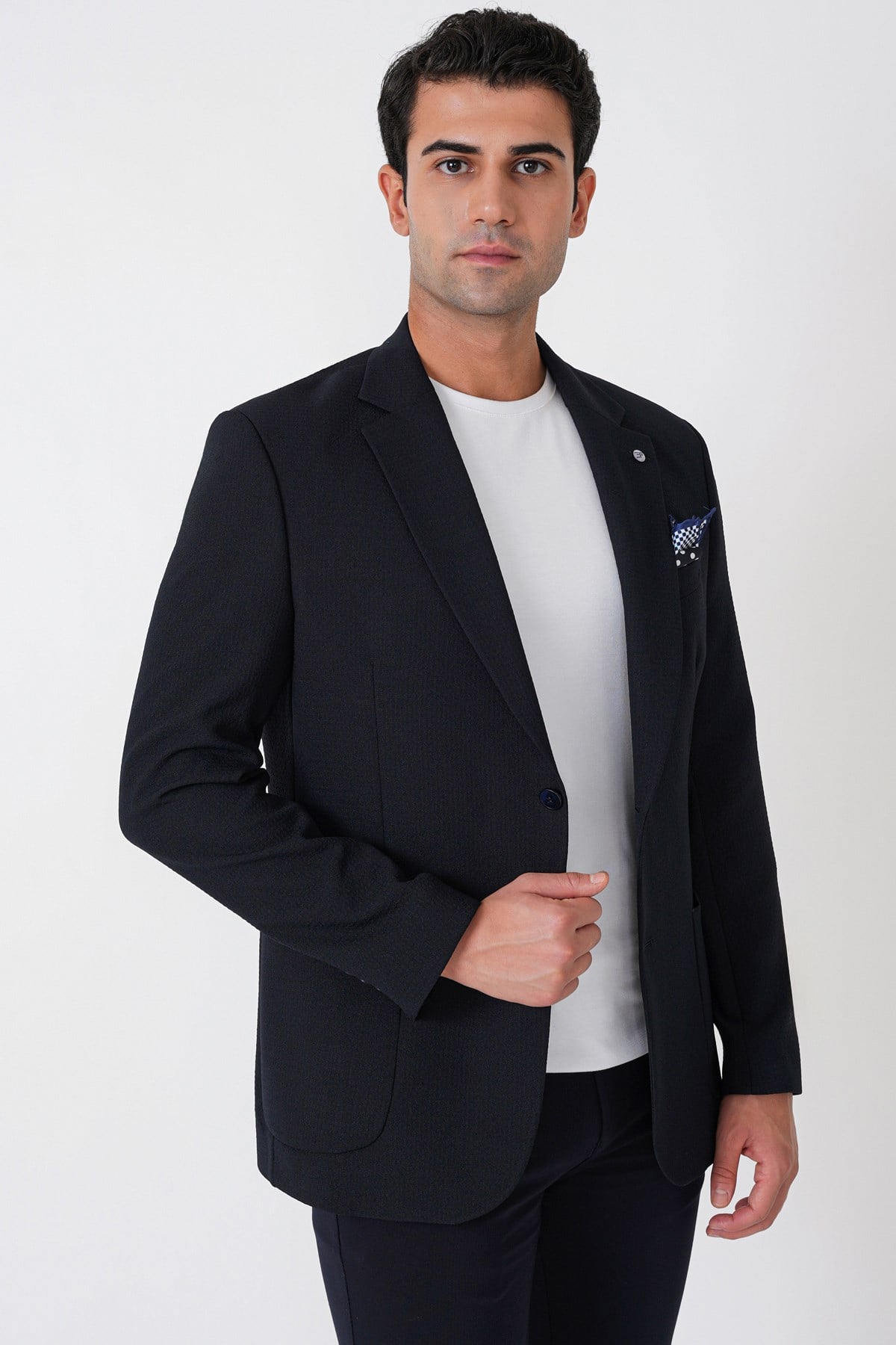 Comfort Fit Torba Cep Gofre Kumaş Esnek Pamuklu Lacivert Blazer Ceket C 739