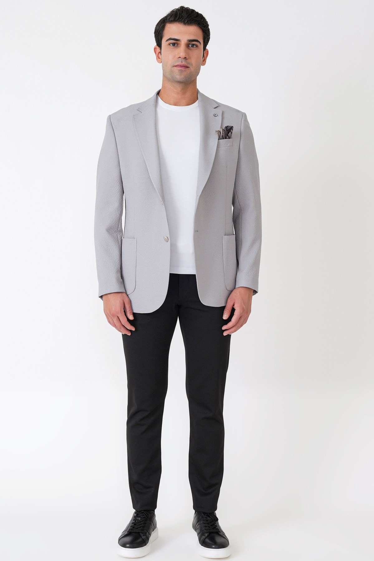 Comfort Fit Torba Cep Gofre Kumaş Esnek Pamuklu Gri Blazer Ceket C 739