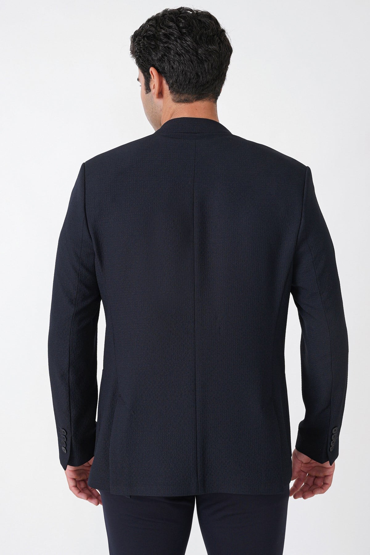 Comfort Fit Torba Cep Gofre Kumaş Esnek Pamuklu Lacivert Blazer Ceket C 739