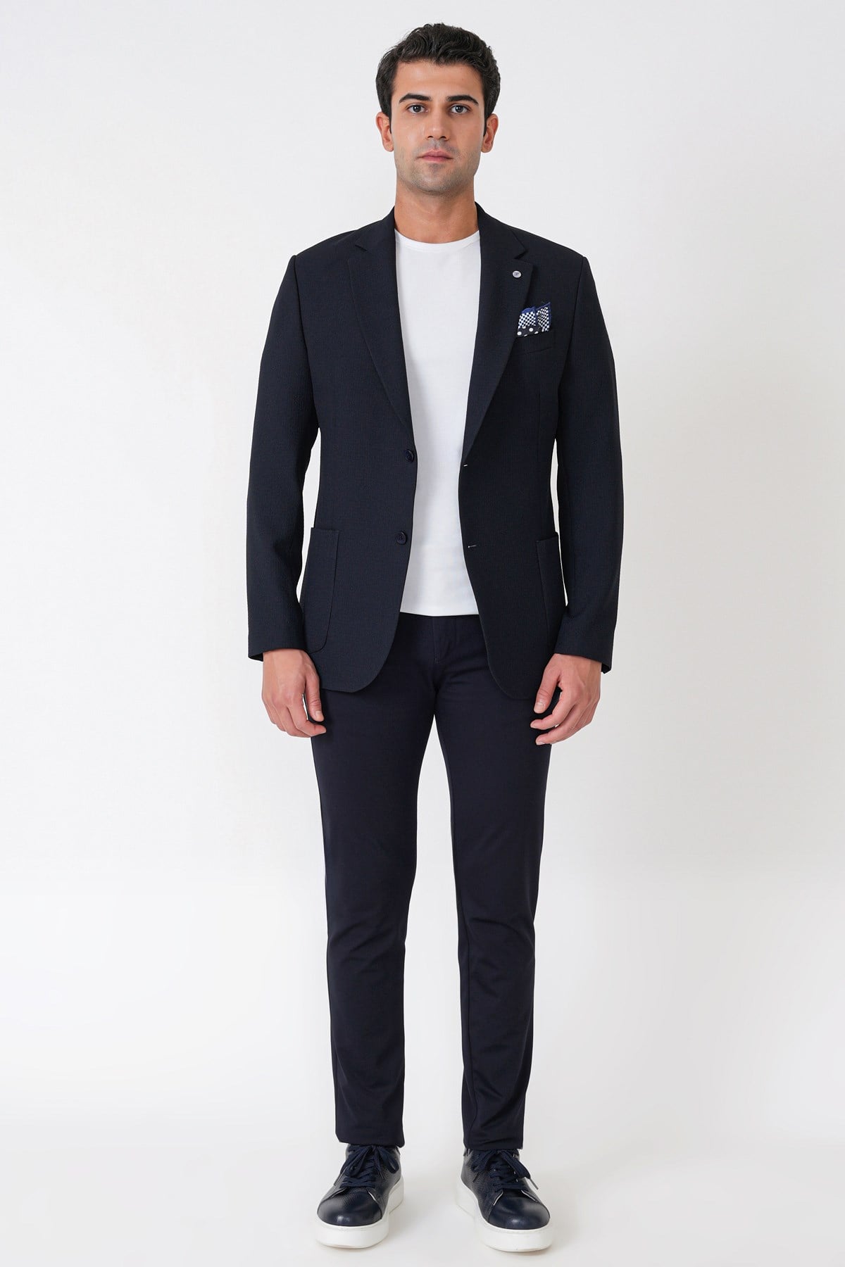 Comfort Fit Torba Cep Gofre Kumaş Esnek Pamuklu Lacivert Blazer Ceket C 739