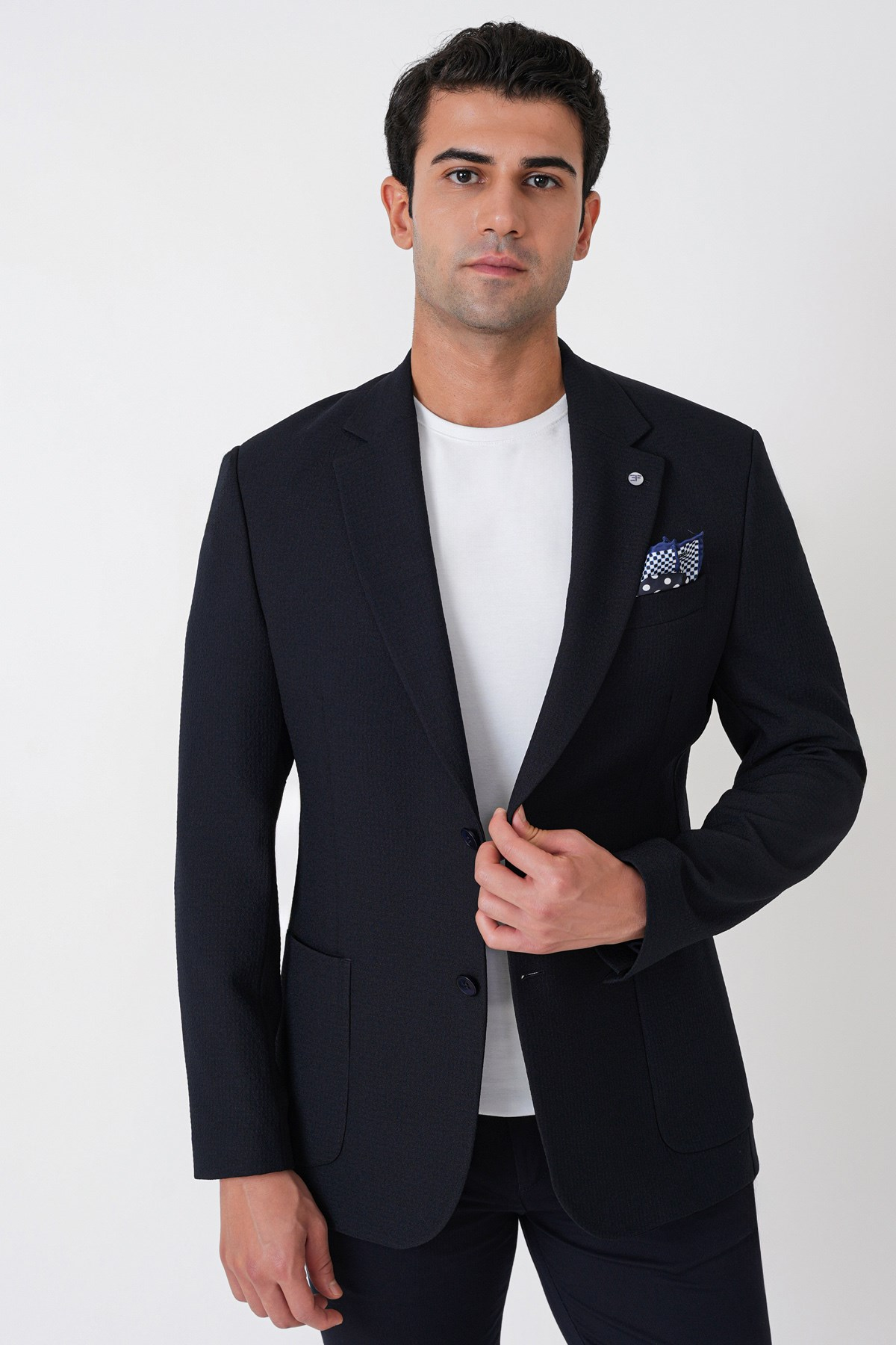 Comfort Fit Torba Cep Gofre Kumaş Esnek Pamuklu Lacivert Blazer Ceket C 739
