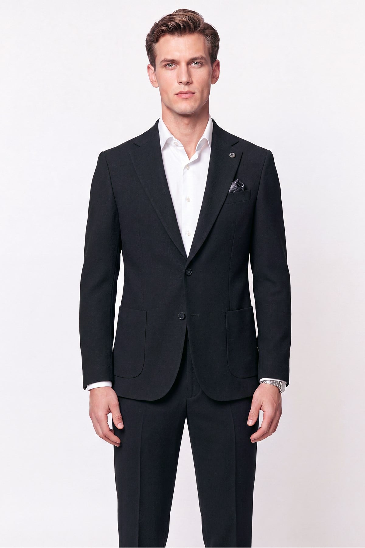 Comfort Fit Torba Cep Gofre Kumaş Esnek Pamuklu Koyu Siyah Blazer Ceket C 739