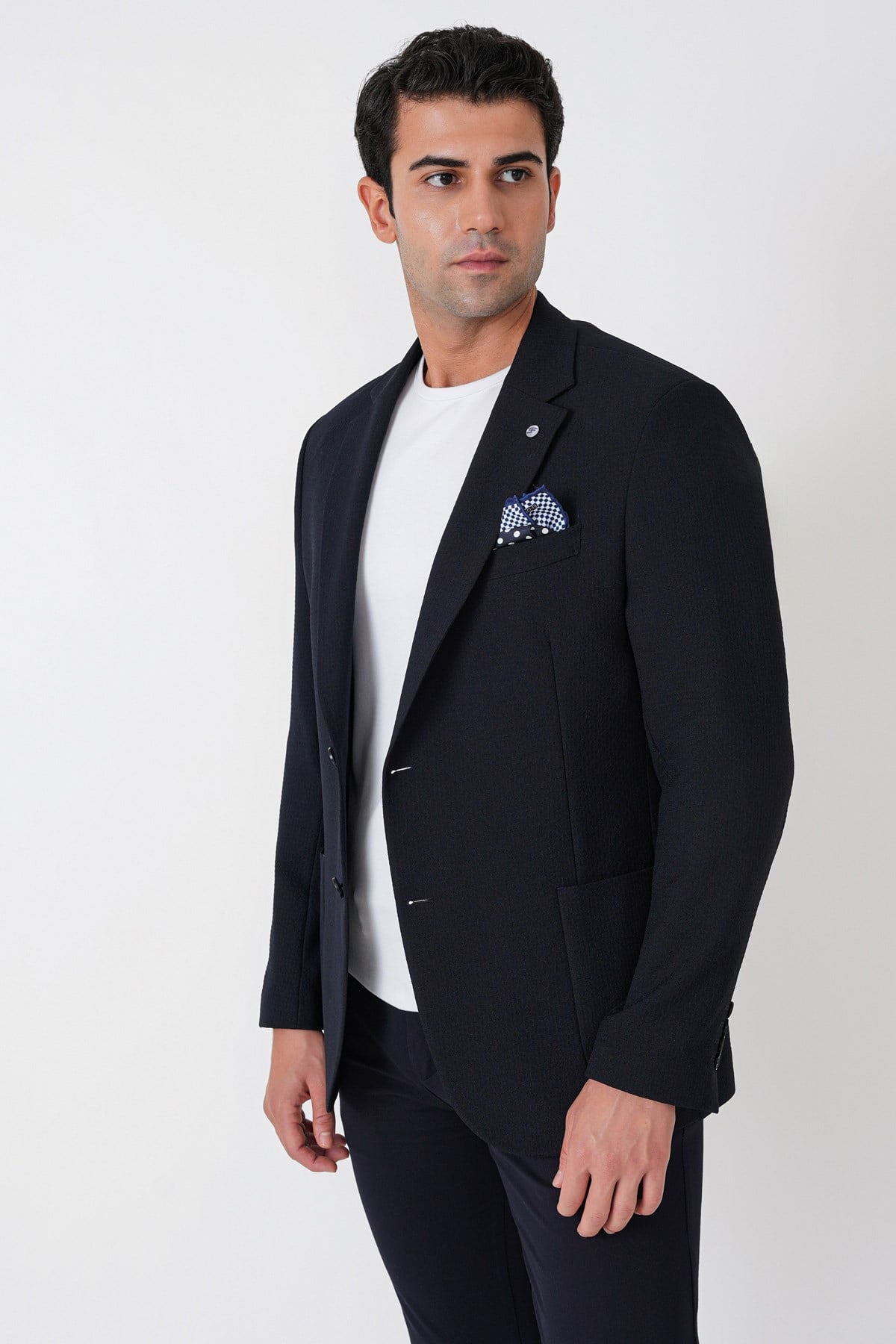 Comfort Fit Torba Cep Gofre Kumaş Esnek Pamuklu Lacivert Blazer Ceket C 739