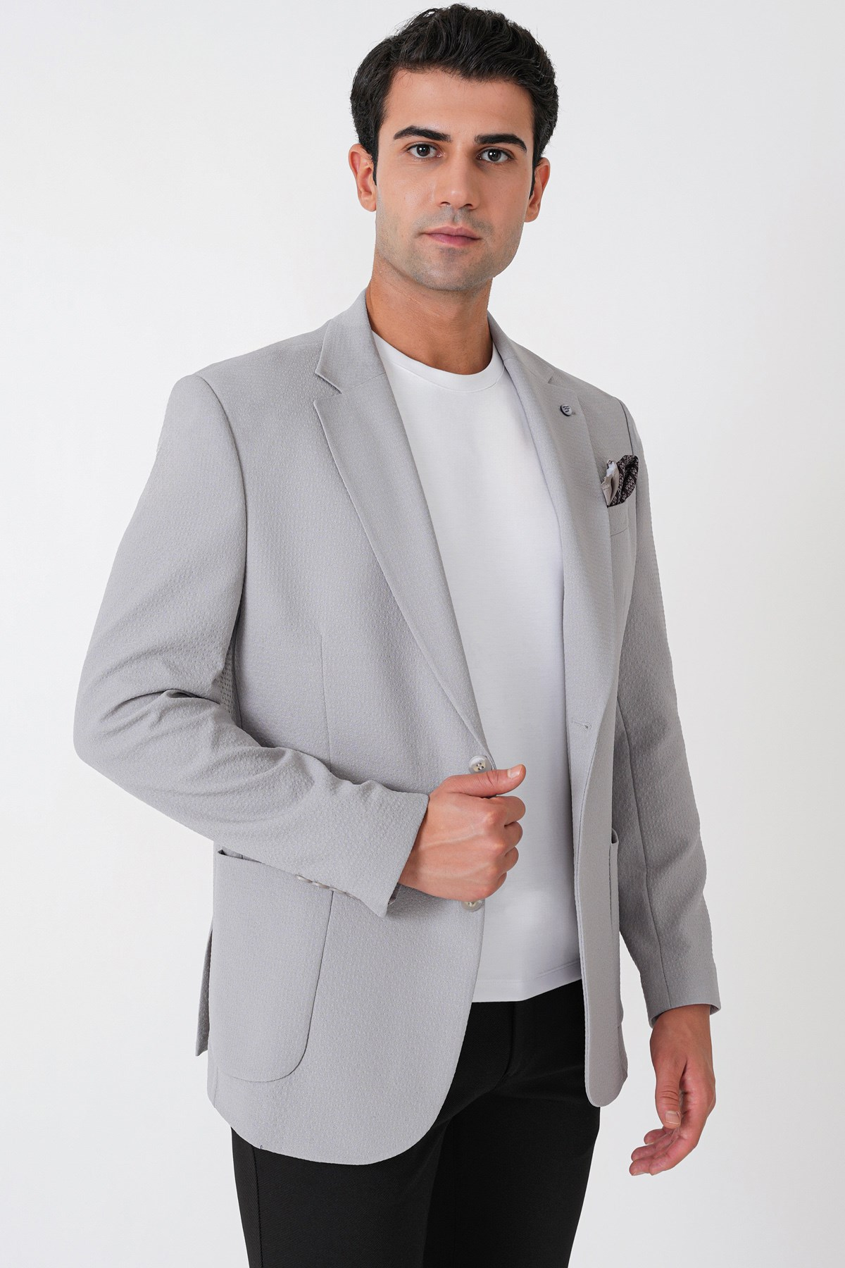 Comfort Fit Torba Cep Gofre Kumaş Esnek Pamuklu Gri Blazer Ceket C 739