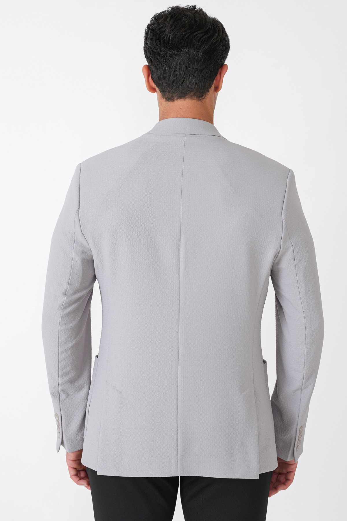 Comfort Fit Torba Cep Gofre Kumaş Esnek Pamuklu Gri Blazer Ceket C 739