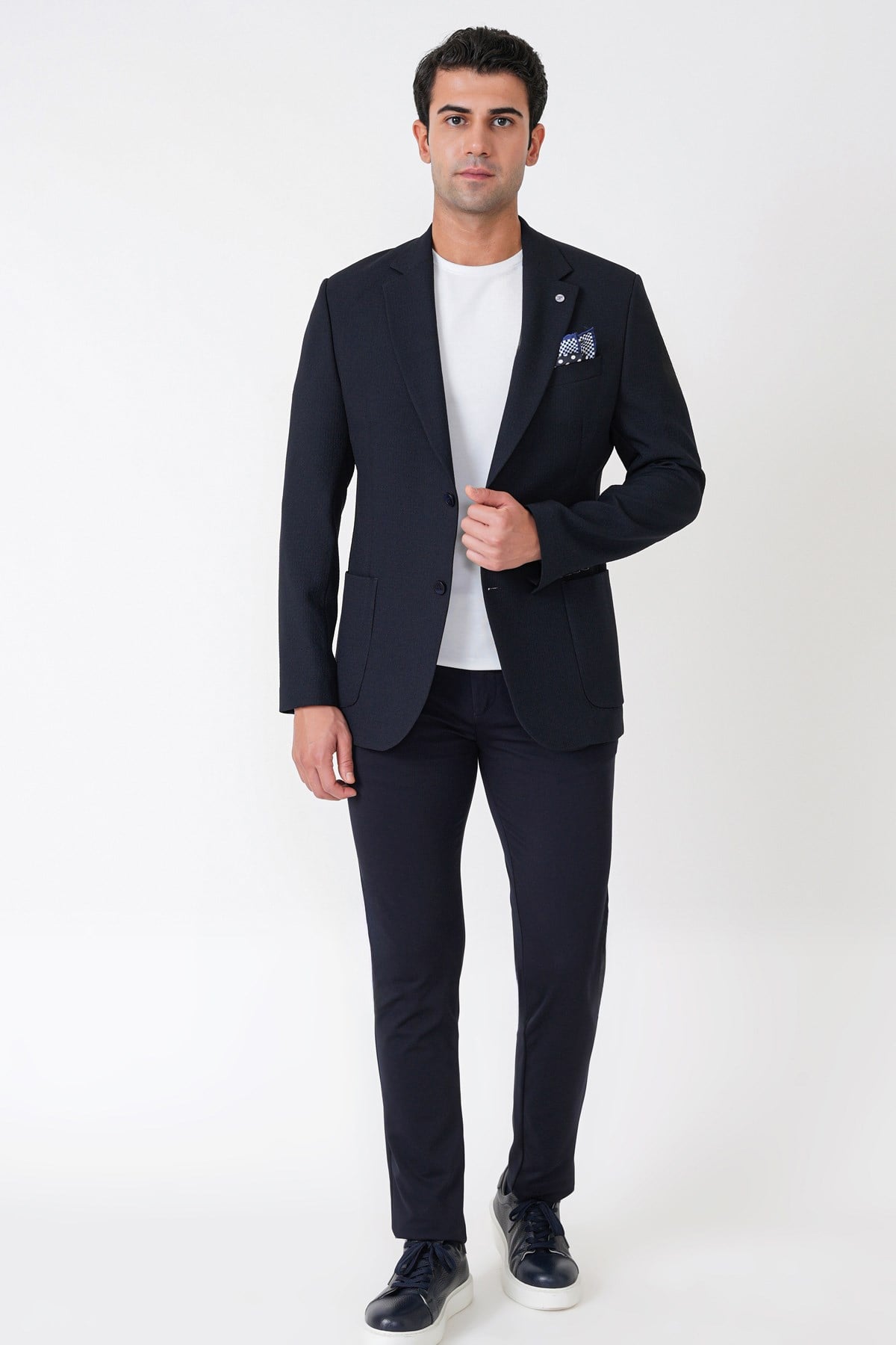 Comfort Fit Torba Cep Gofre Kumaş Esnek Pamuklu Lacivert Blazer Ceket C 739