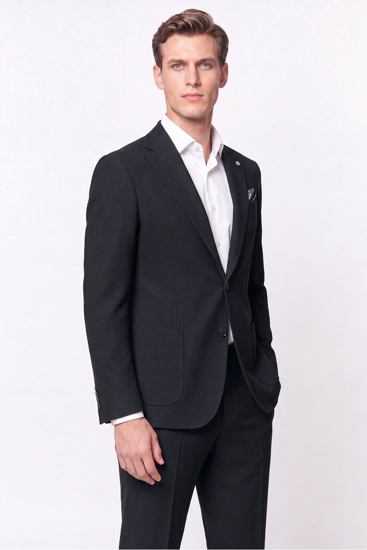 Comfort Fit Torba Cep Gofre Kumaş Esnek Pamuklu Koyu Siyah Blazer Ceket C 739
