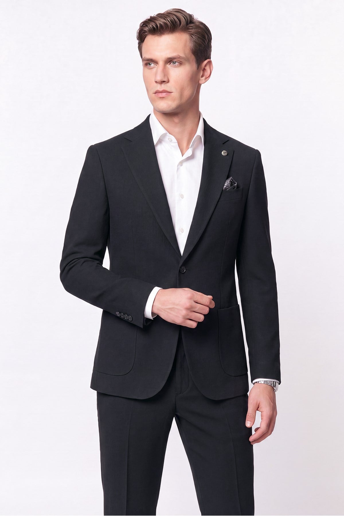 Comfort Fit Torba Cep Gofre Kumaş Esnek Pamuklu Koyu Siyah Blazer Ceket C 739