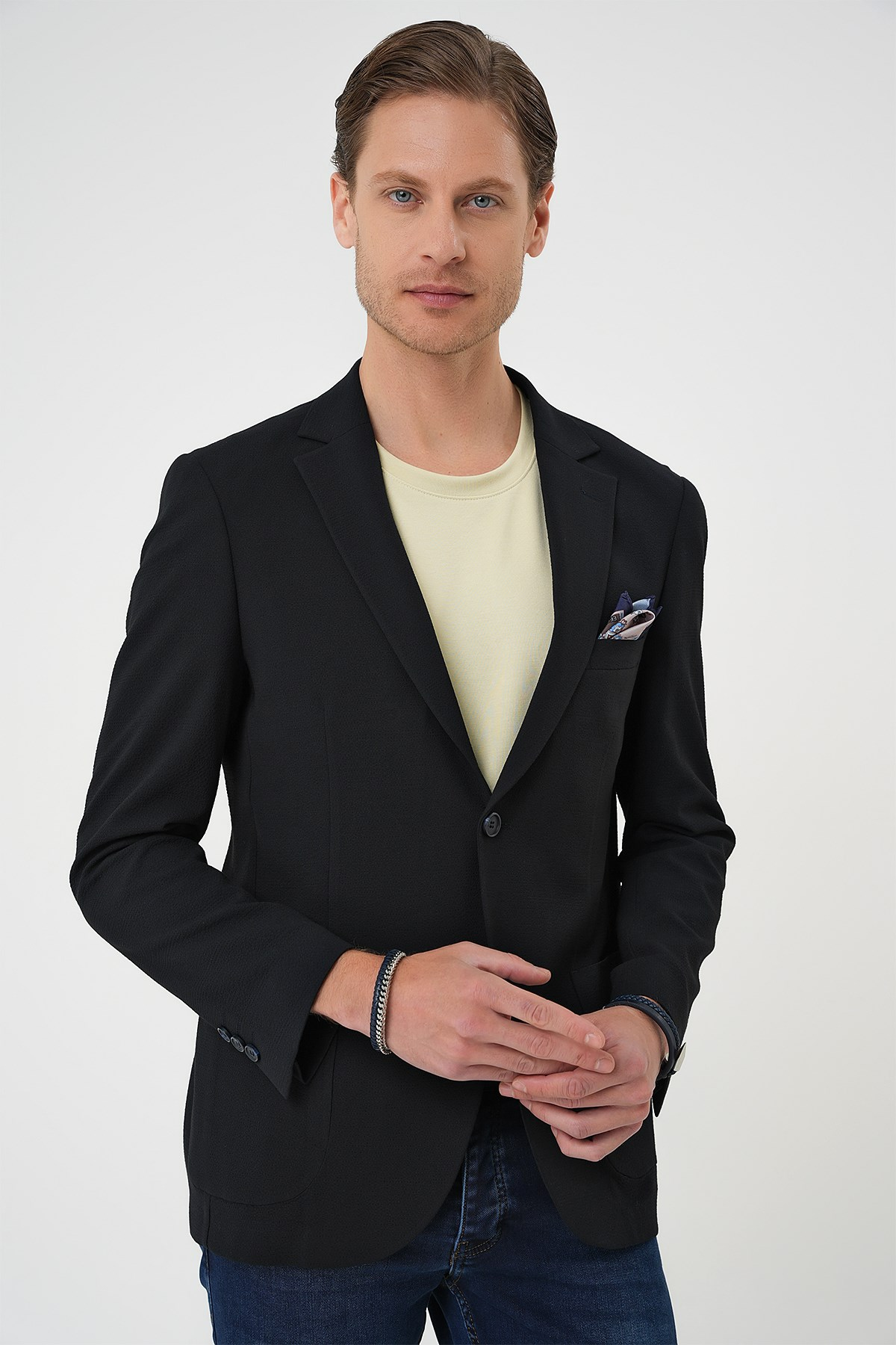 Comfort Fit Torba Cep Gofre Kumaş Koyu Lacivert Blazer Ceket C 679
