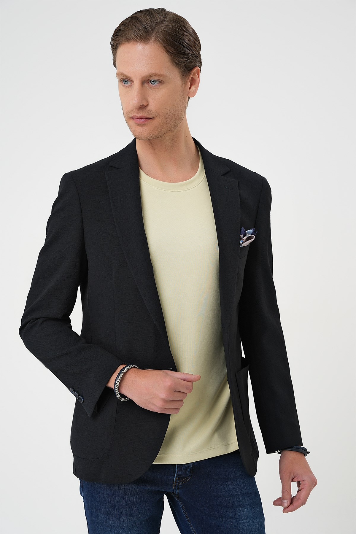 Comfort Fit Torba Cep Gofre Kumaş Koyu Lacivert Blazer Ceket C 679