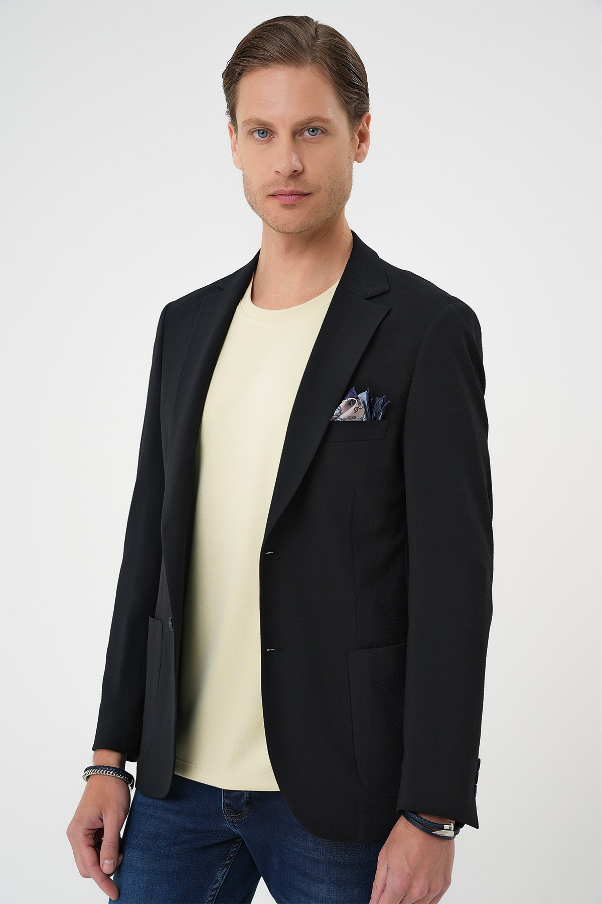 Comfort Fit Torba Cep Gofre Kumaş Koyu Lacivert Blazer Ceket C 679