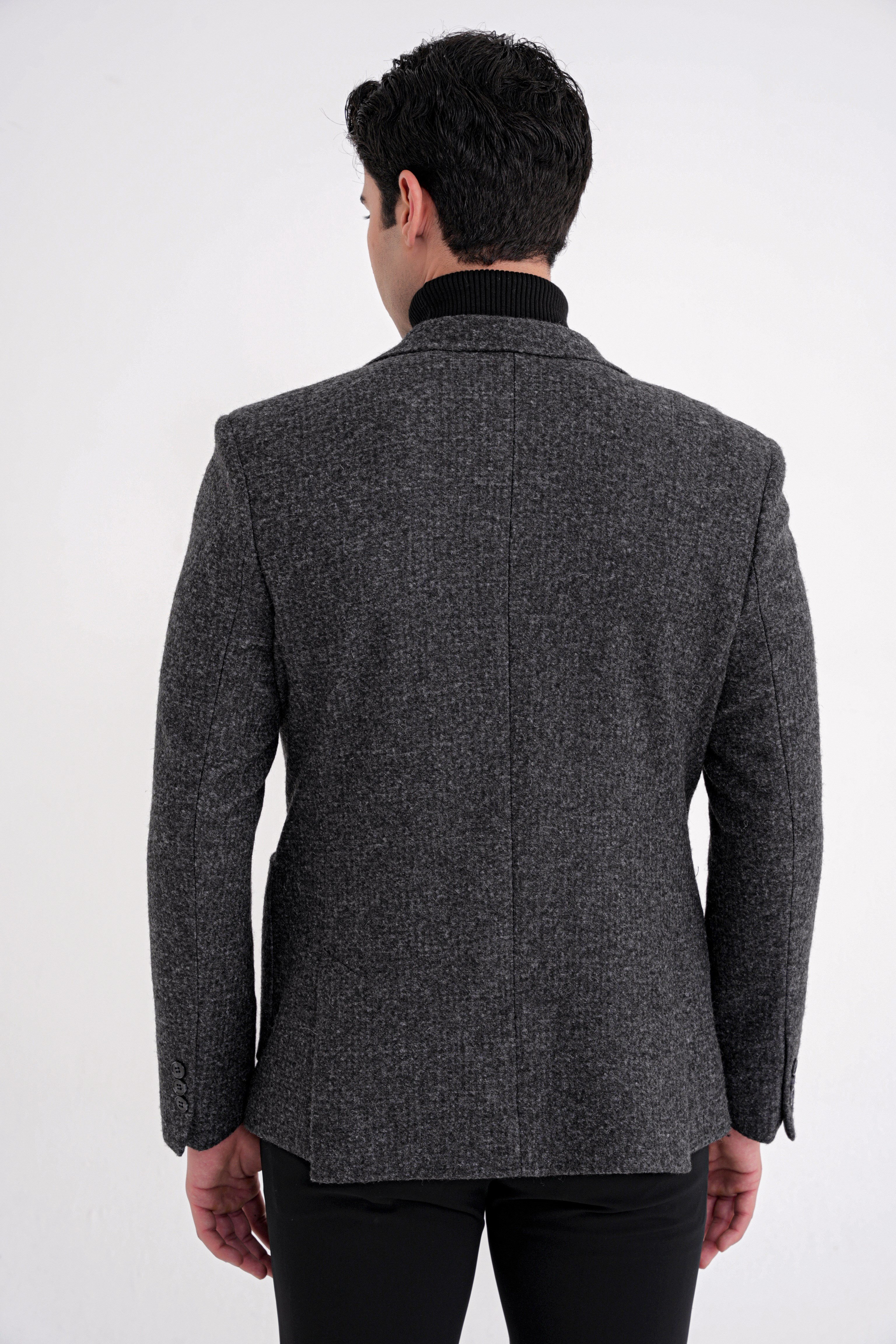 Comfort Fit Torba Cep Kazayağı Desenli %100 Yün Antrasit Blazer Ceket C 729