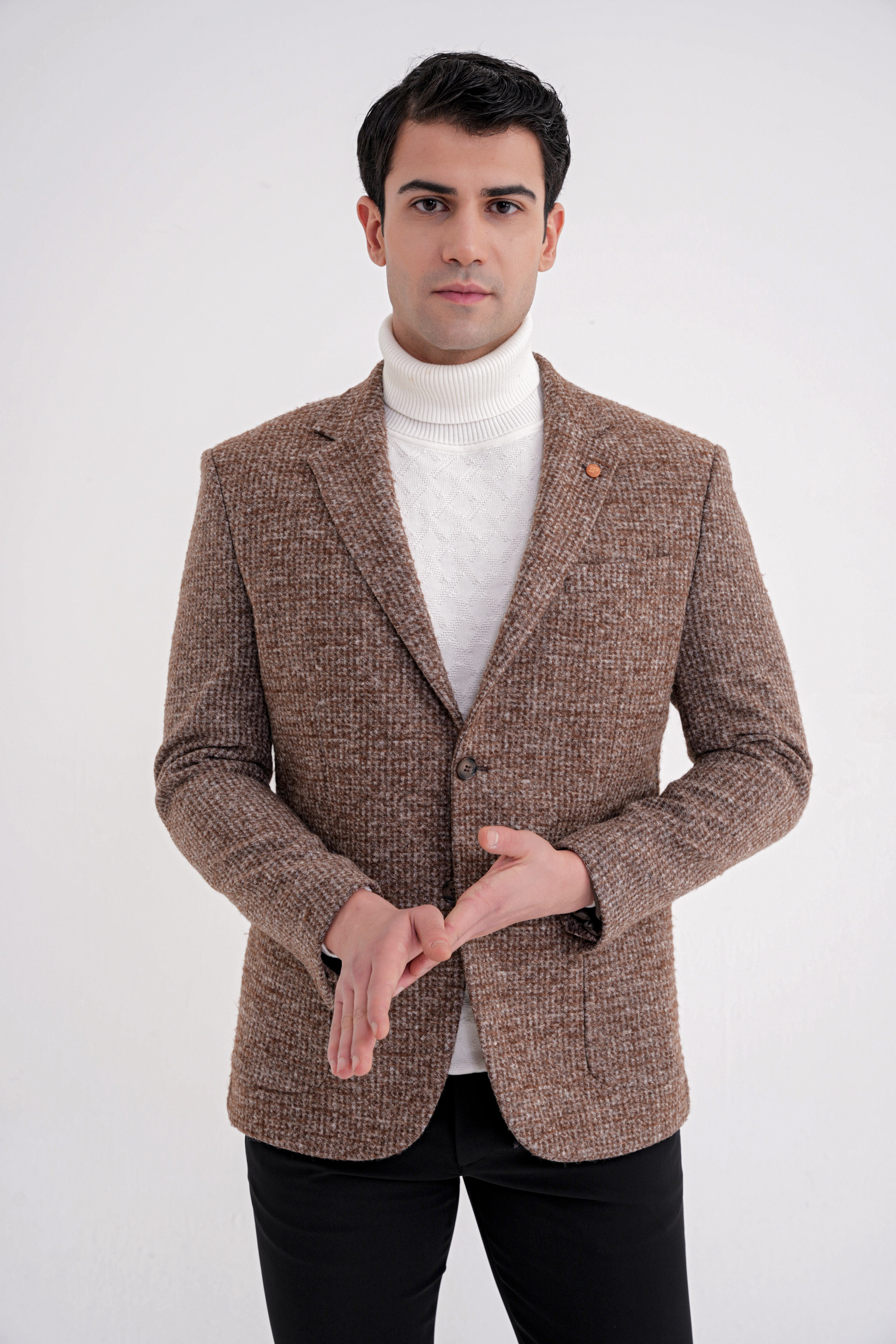Comfort Fit Torba Cep Kazayağı Desenli %100 Yün Tütün Blazer Ceket C 729