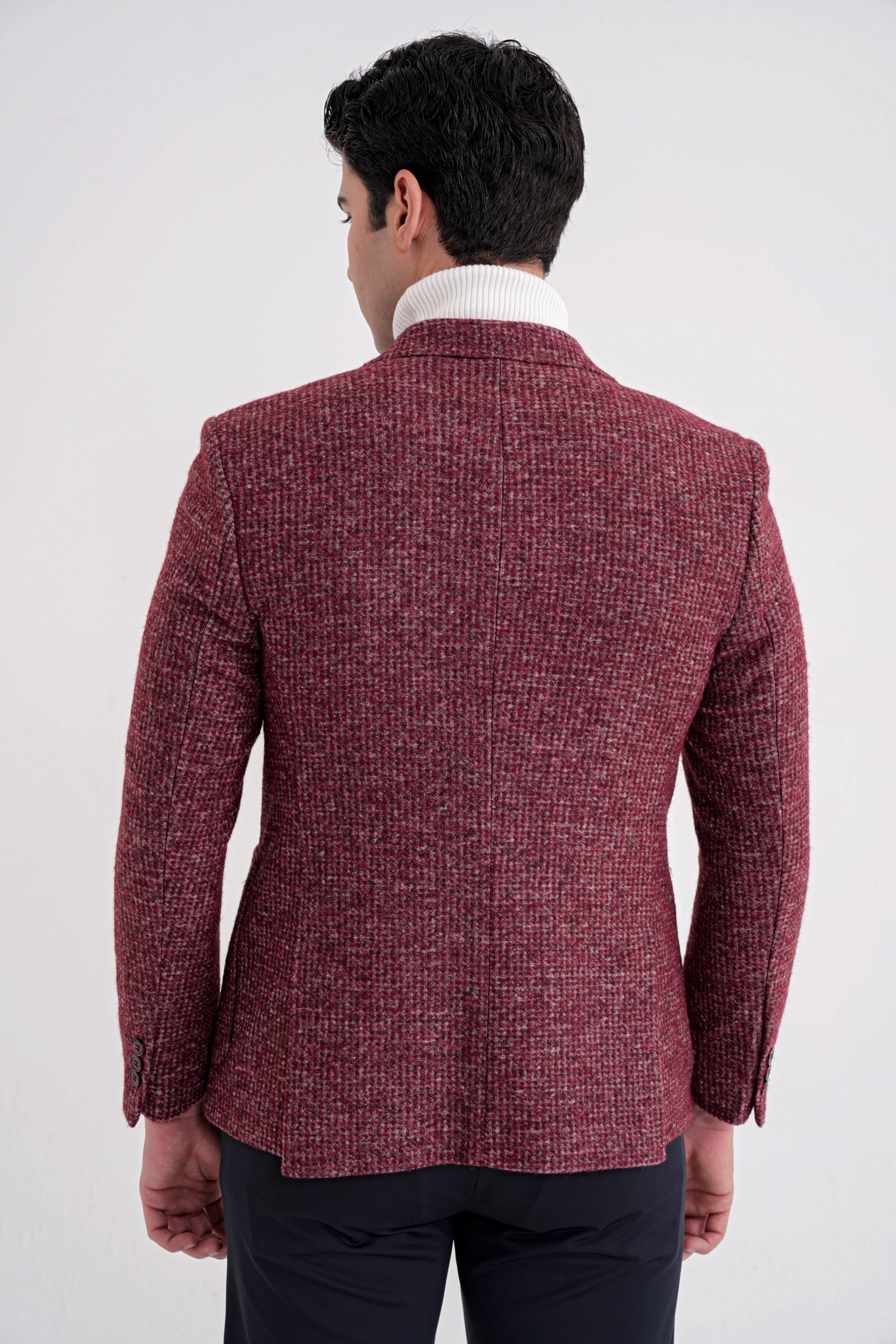 Comfort Fit Torba Cep Kazayağı Desenli %100 Yün Bordo Blazer Ceket C 729