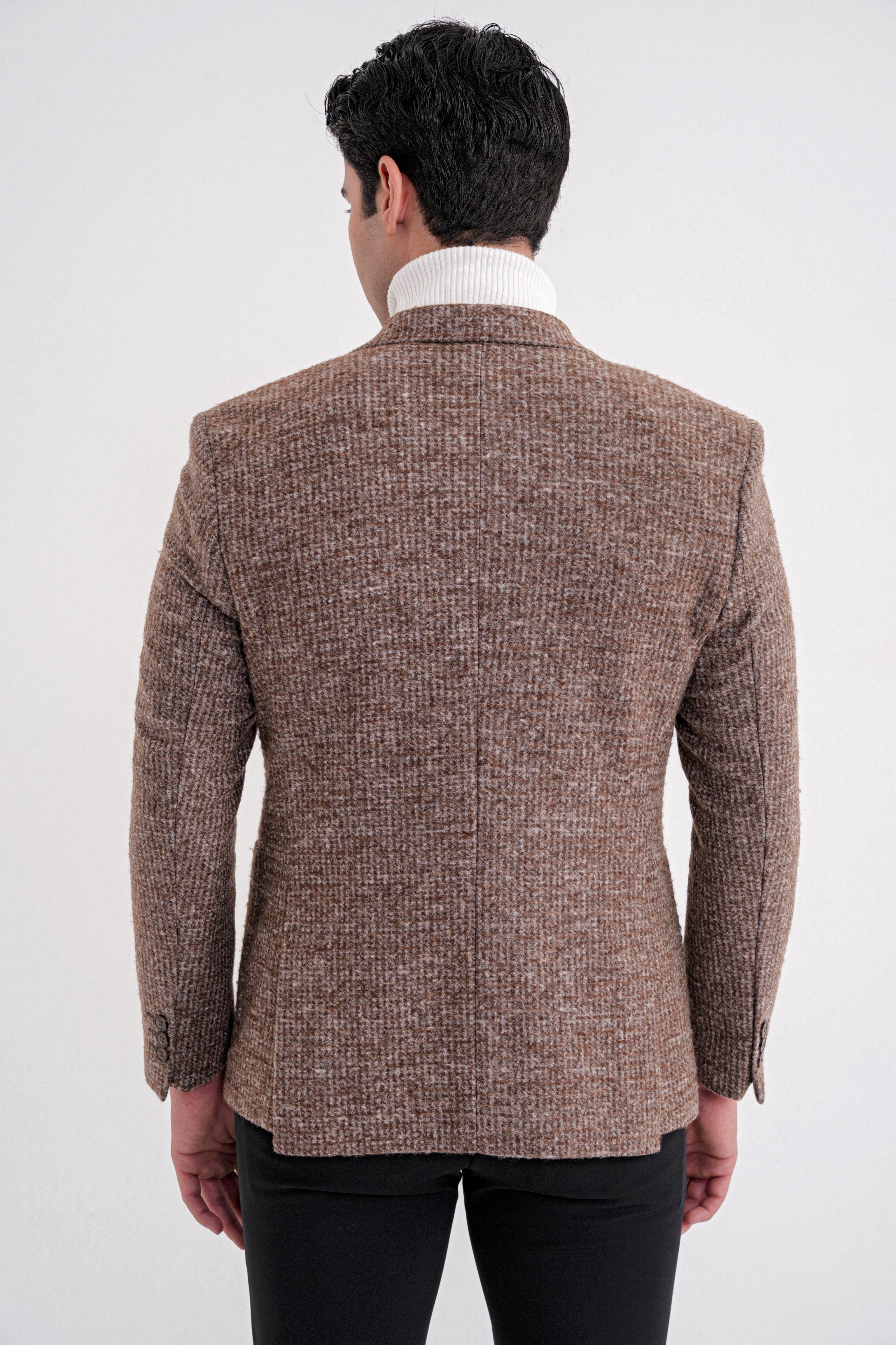 Comfort Fit Torba Cep Kazayağı Desenli %100 Yün Tütün Blazer Ceket C 729