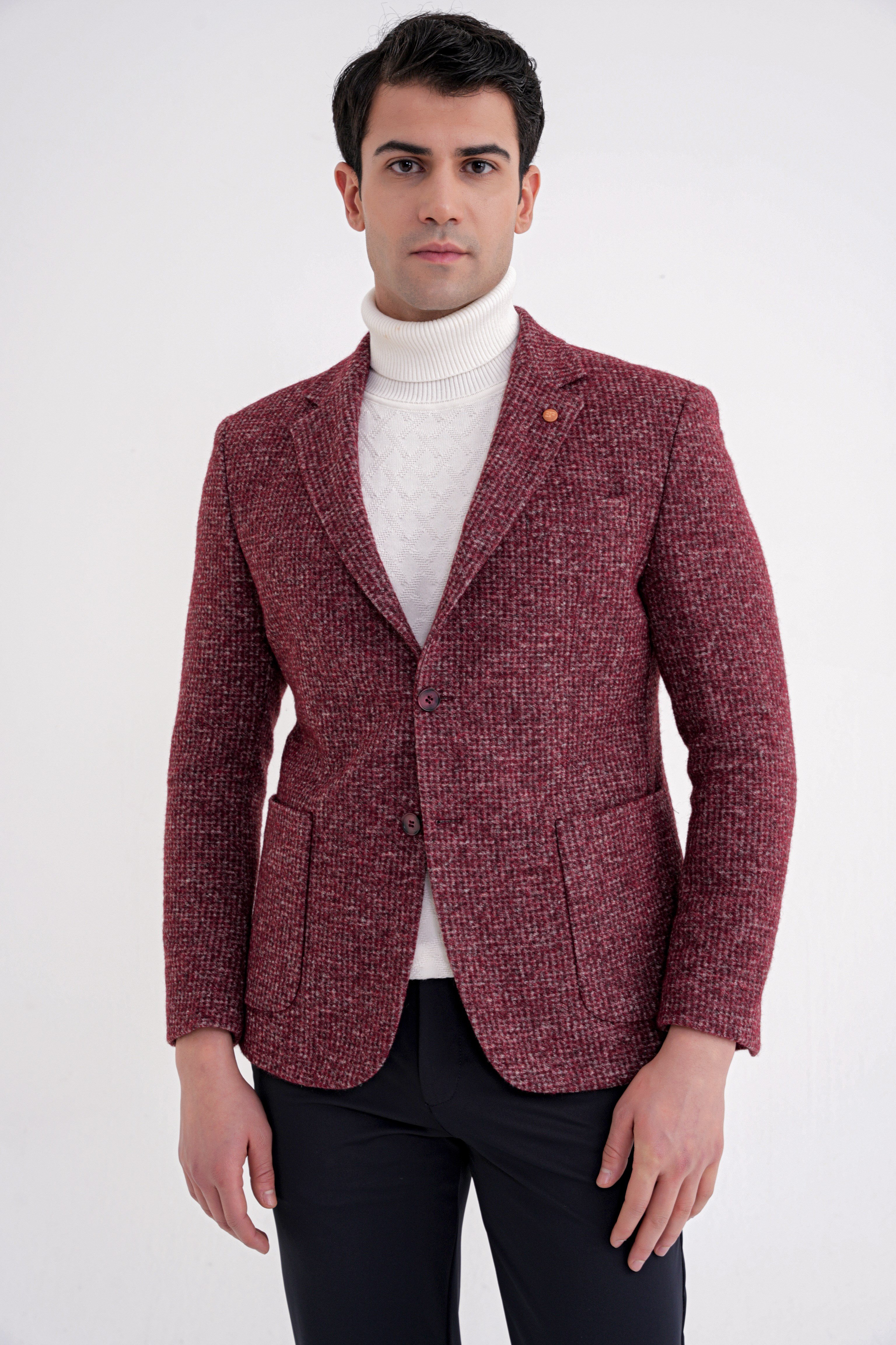 Comfort Fit Torba Cep Kazayağı Desenli %100 Yün Bordo Blazer Ceket C 729