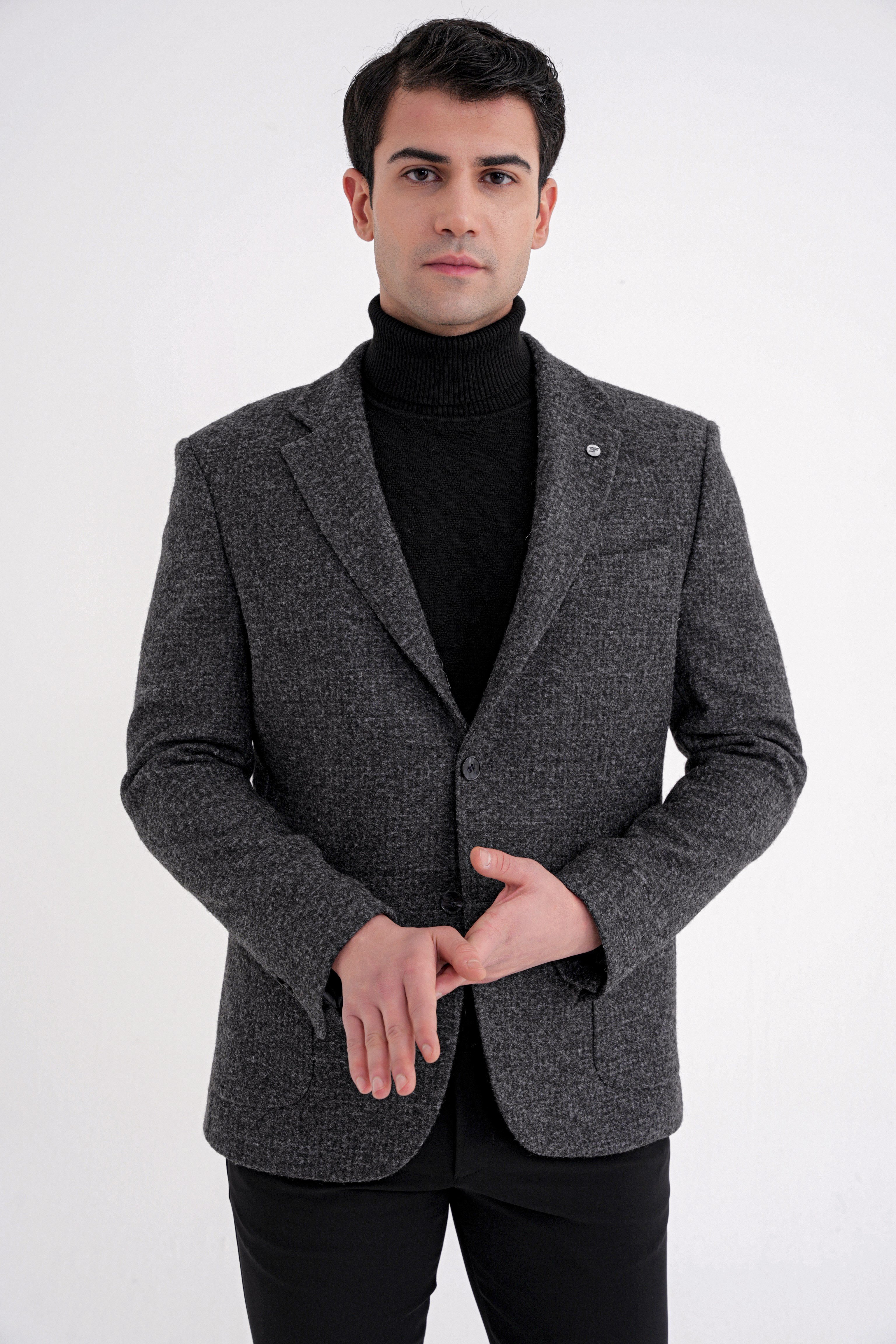 Comfort Fit Torba Cep Kazayağı Desenli %100 Yün Antrasit Blazer Ceket C 729