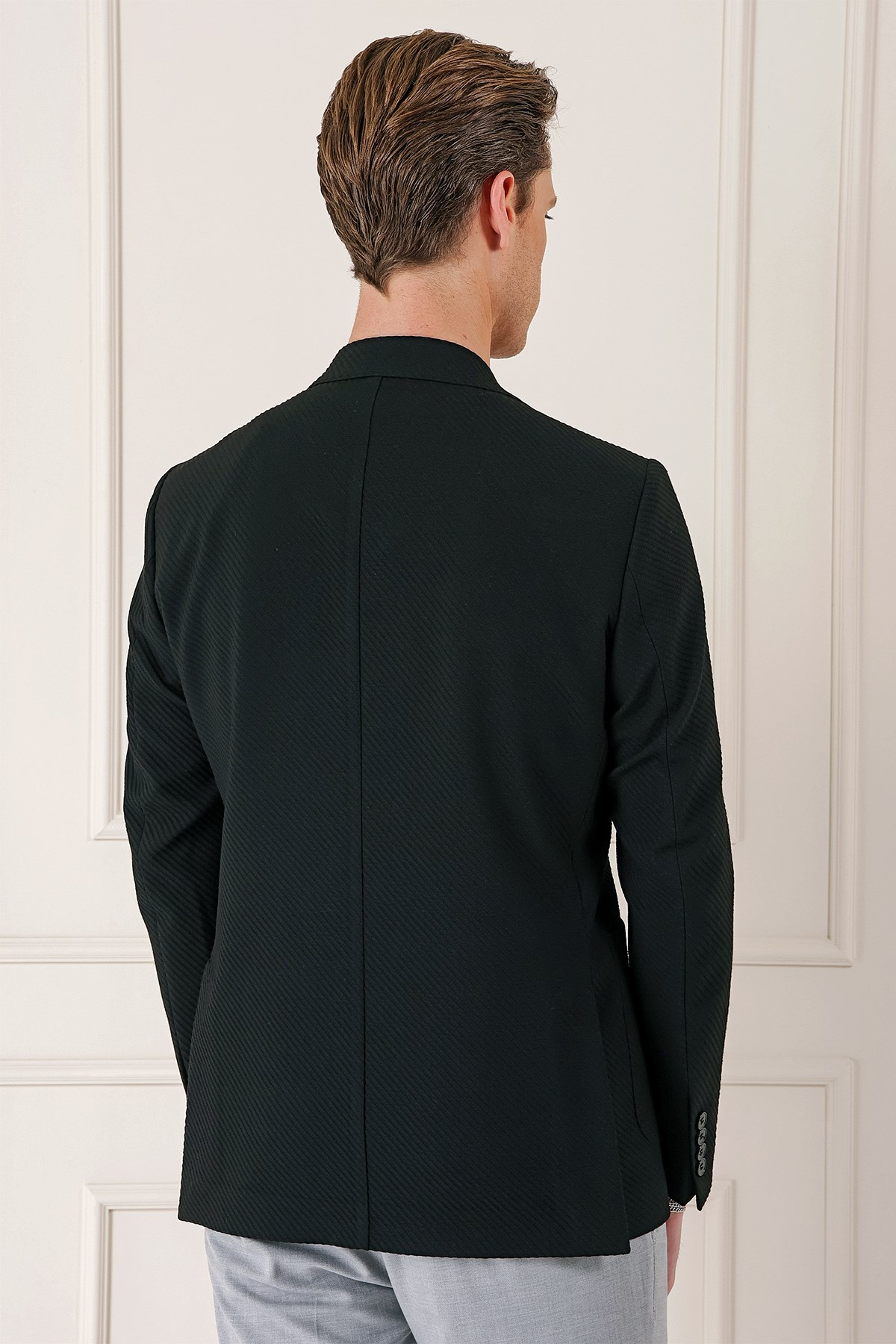 Comfort Fit Torba Cep Şeritli Dokuma Pamuklu Blazer Siyah Ceket C 670