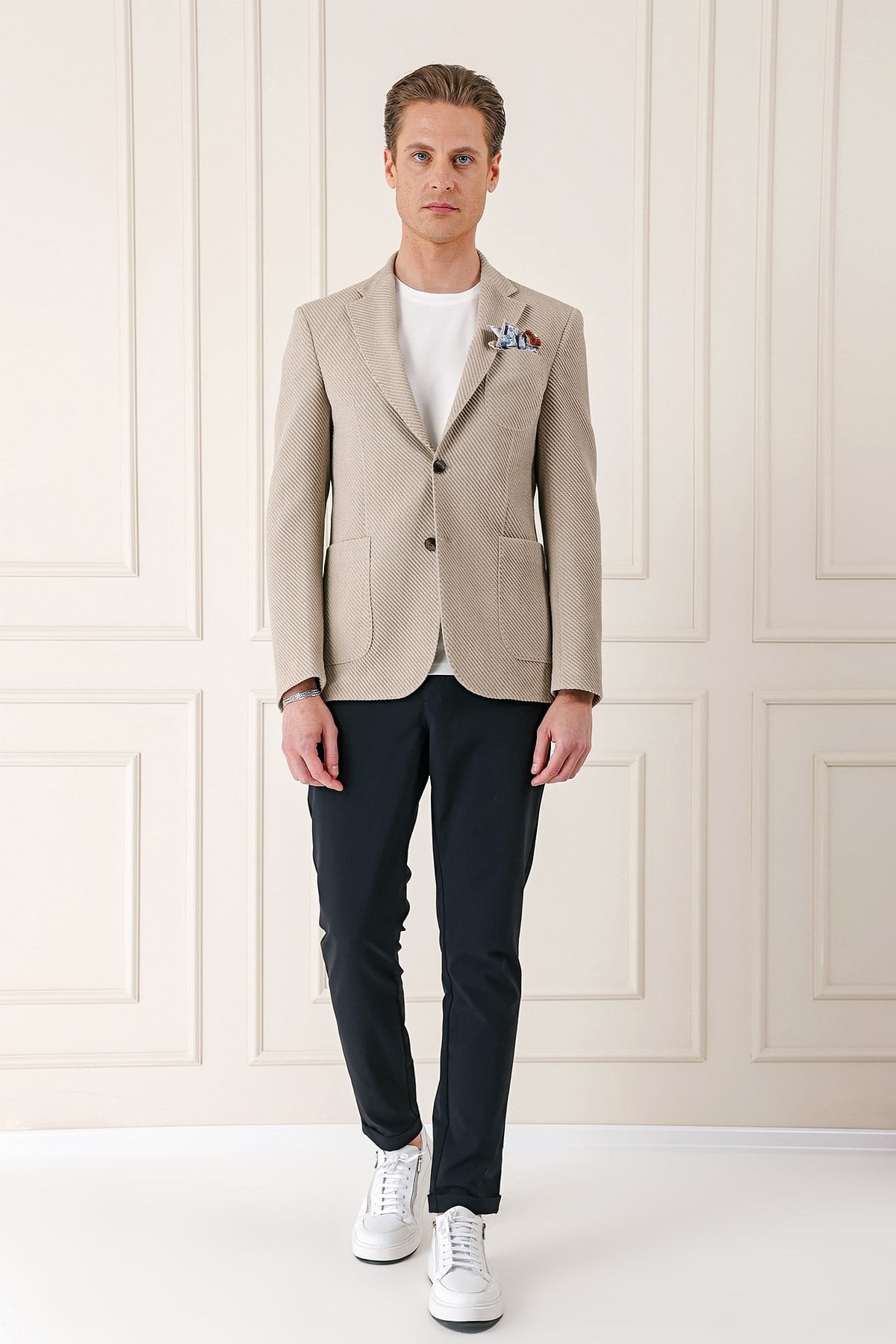 Comfort Fit Torba Cep Şeritli Dokuma Pamuklu Blazer Taş Ceket C 670