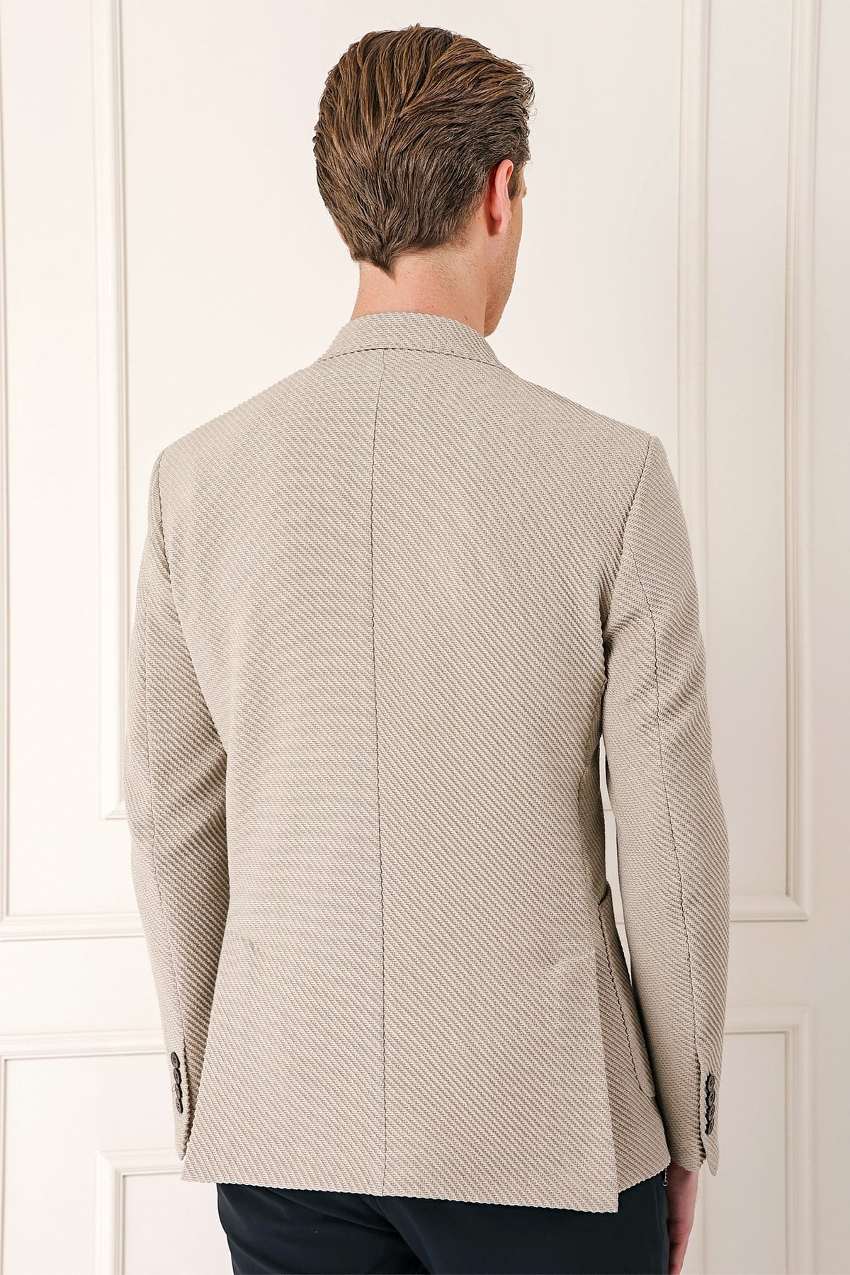 Comfort Fit Torba Cep Şeritli Dokuma Pamuklu Blazer Taş Ceket C 670