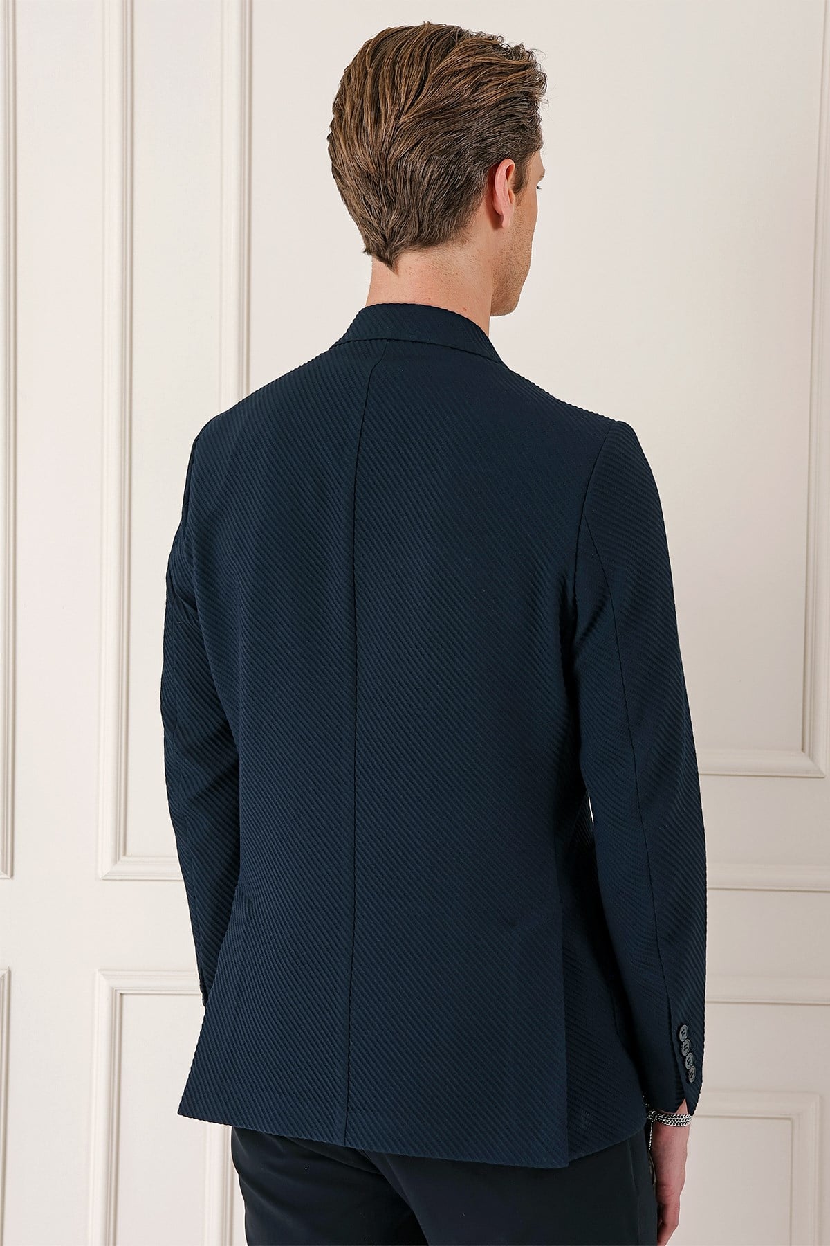Comfort Fit Torba Cep Şeritli Dokuma Pamuklu Blazer Lacivert Ceket C 670