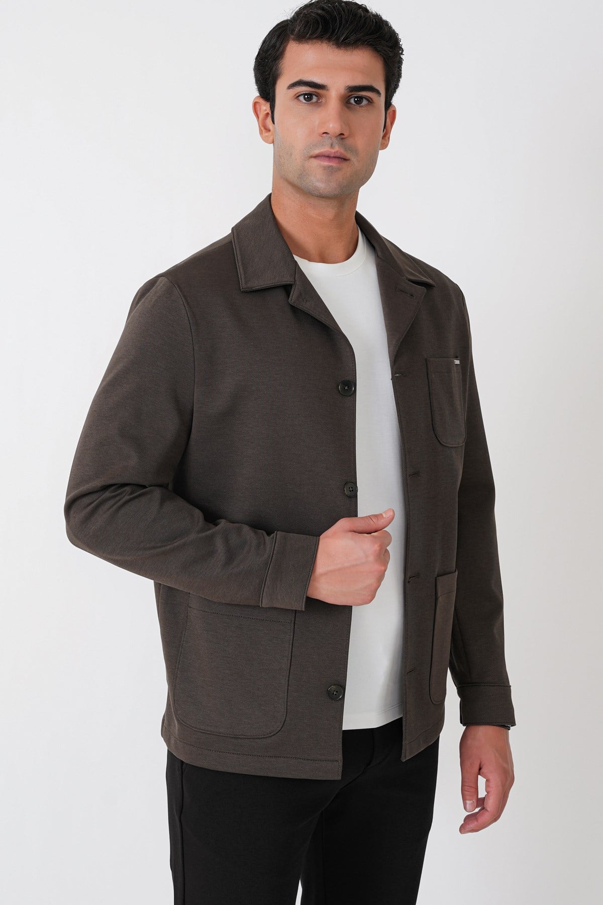Comfort Fit Torba Cepli Esnek Pamuk Haki Gömlek Ceket C 755
